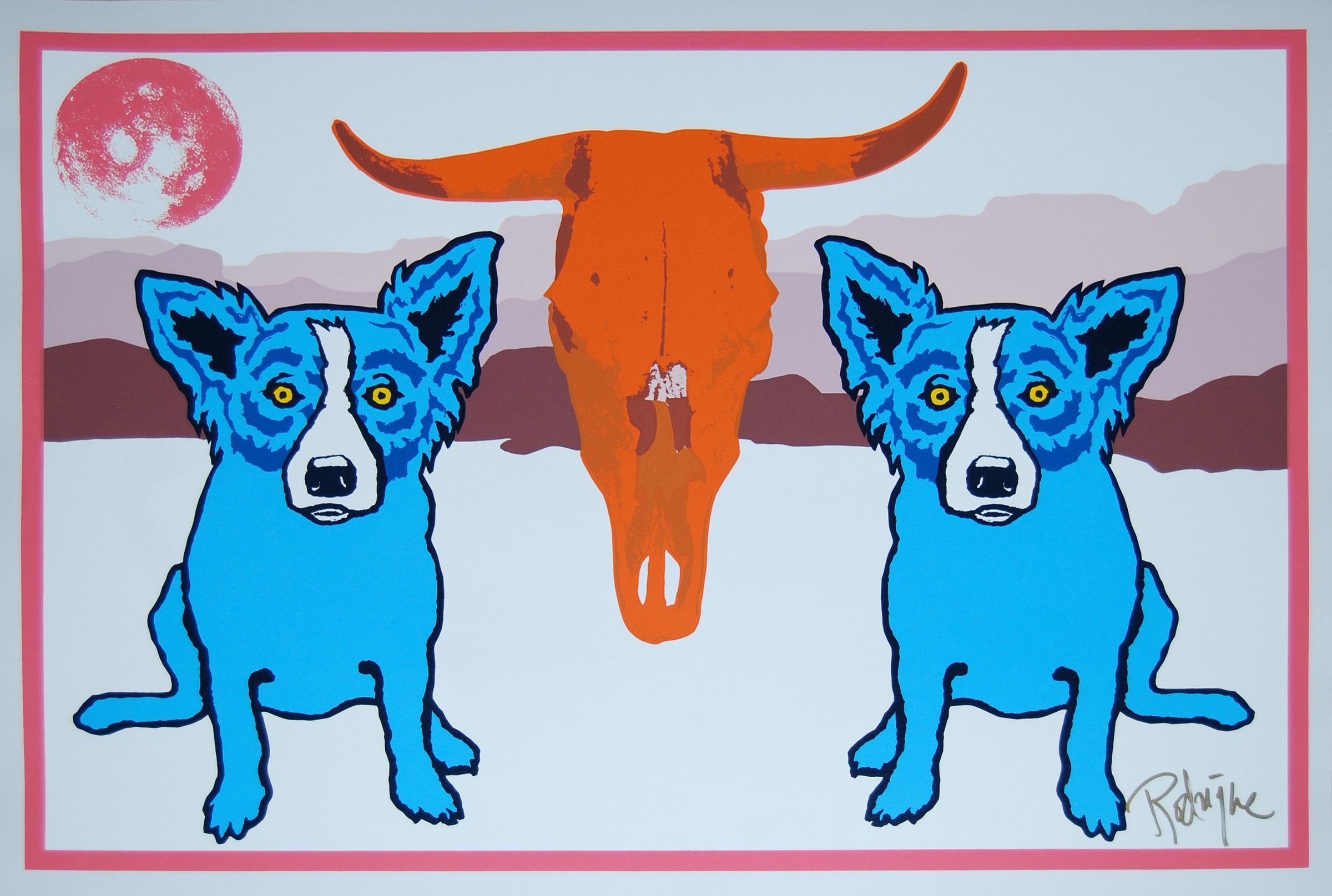 George Rodrigue Animal Print - Moo-Cow Blues White - Signed Silkscreen Print Blue Dog
