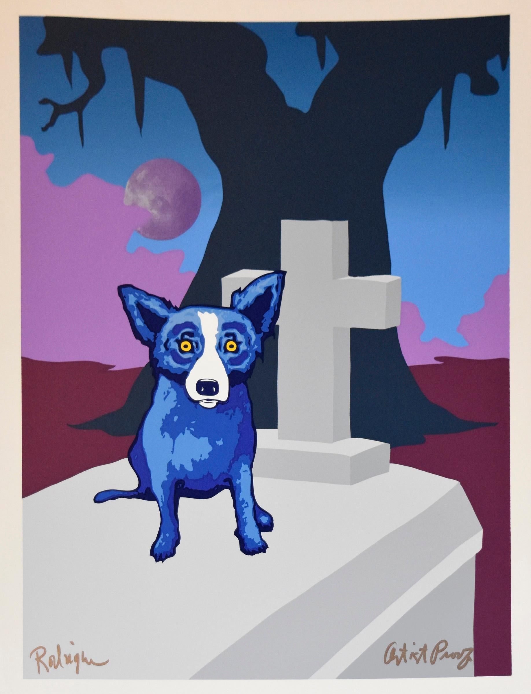 George Rodrigue Animal Print - Moon Of The Loup-Garou - Signed Silkscreen Print Blue Dog