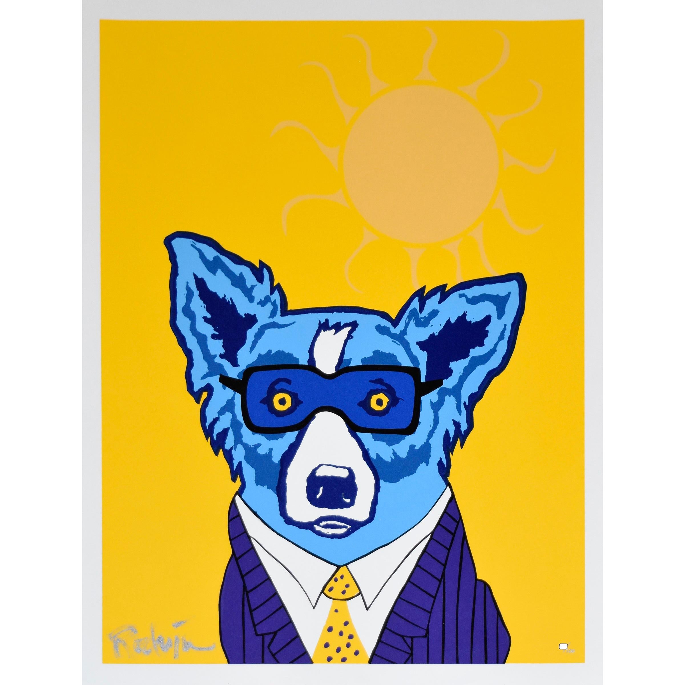 Questa opera Blue Dog è composta da un cane blu su sfondo giallo che indossa una giacca a righe blu, una camicia bianca e una cravatta gialla con puntini neri.  Il cane indossa anche una maschera per gli occhi, che mostra i suoi occhi gialli e pieni