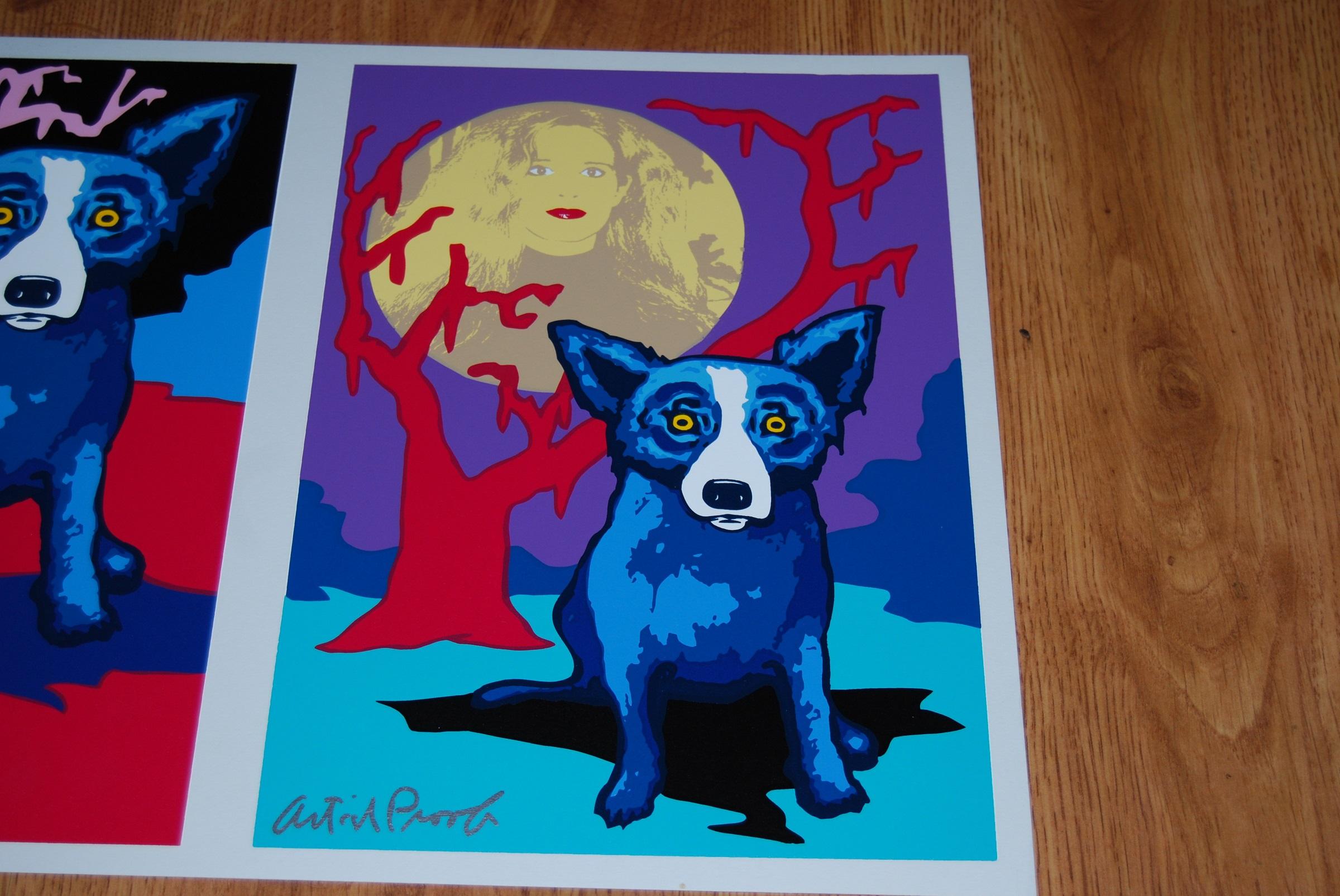Night Love White - Stampa serigrafica firmata del cane blu - Print Pop Art di George Rodrigue