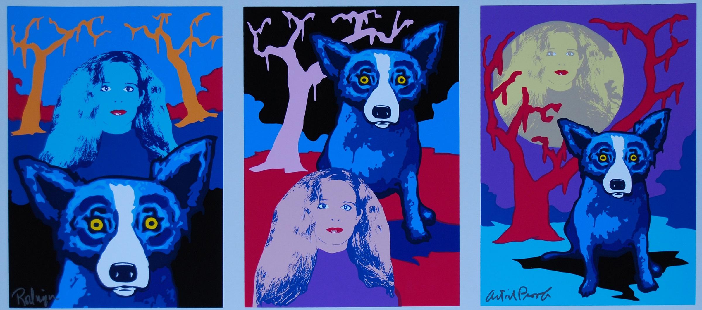 George Rodrigue Animal Print - Night Love White - Signed Silkscreen Blue Dog Print