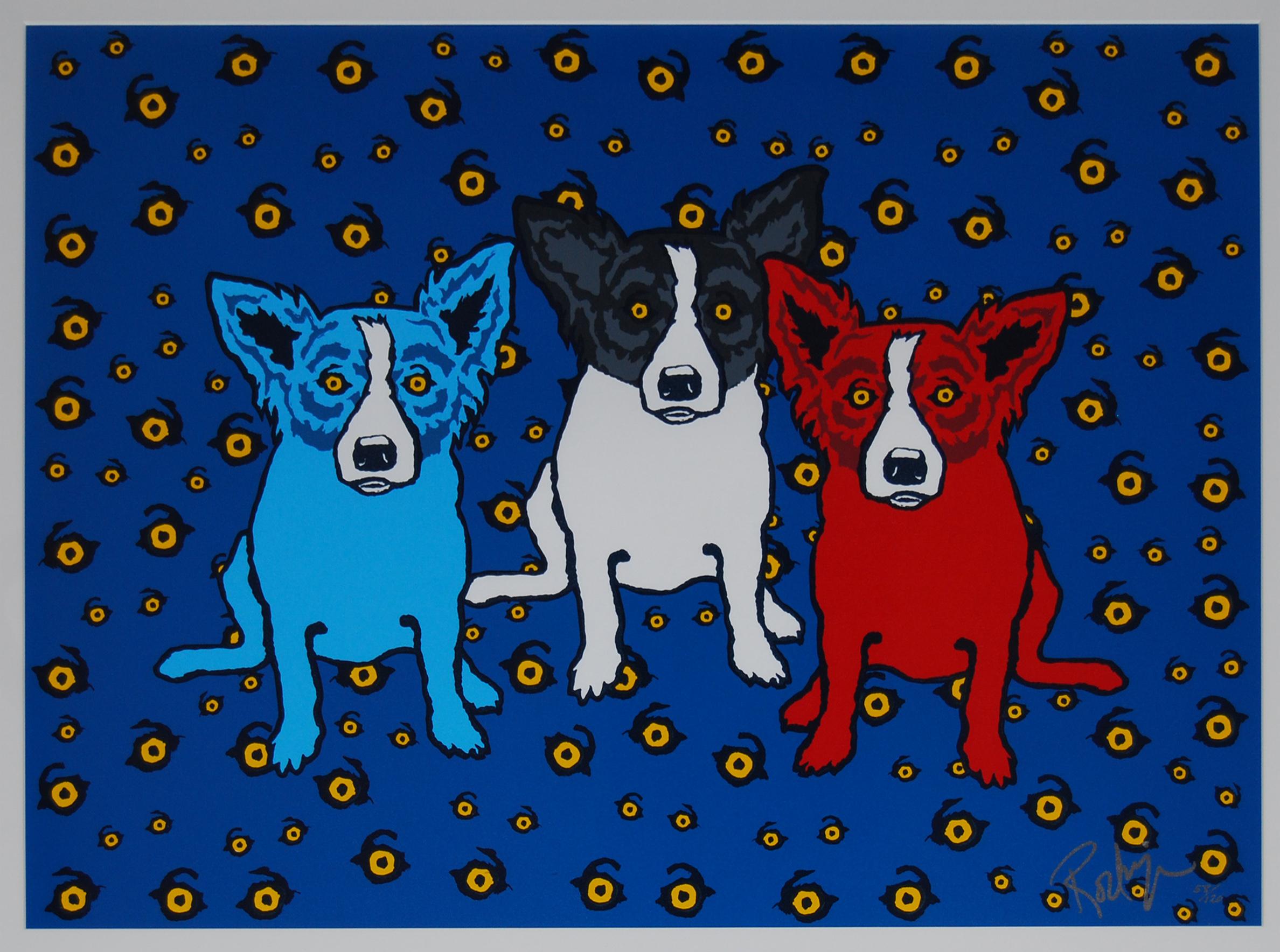 George Rodrigue Animal Print - Oh Say Can You See - Signed Silkscreen Blue Dog Print