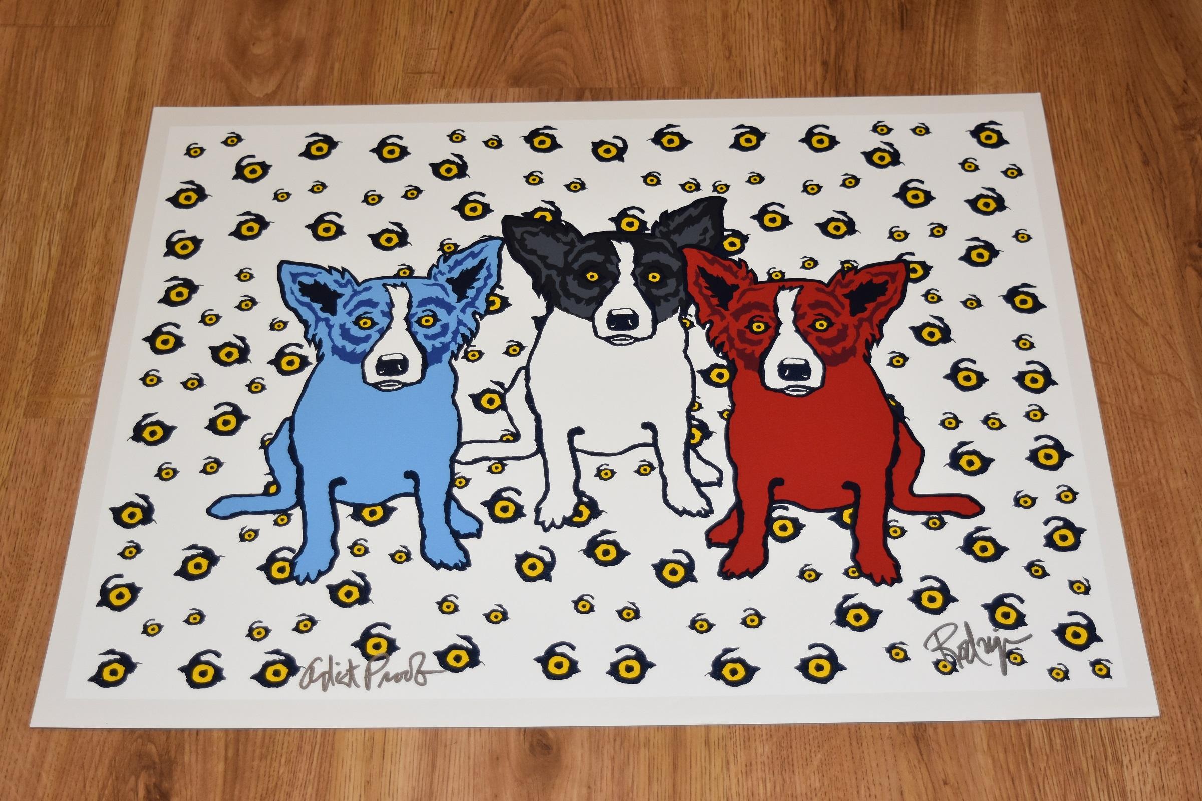 This Blue Dog work consists of a white background with various sizes of Blue Dog soulful yellow eyes and 3 dogs:  1 white & black, 1 red, and one blue.  All dogs have soulful yellow eyes.  This pop art animal original silkscreen print on paper is