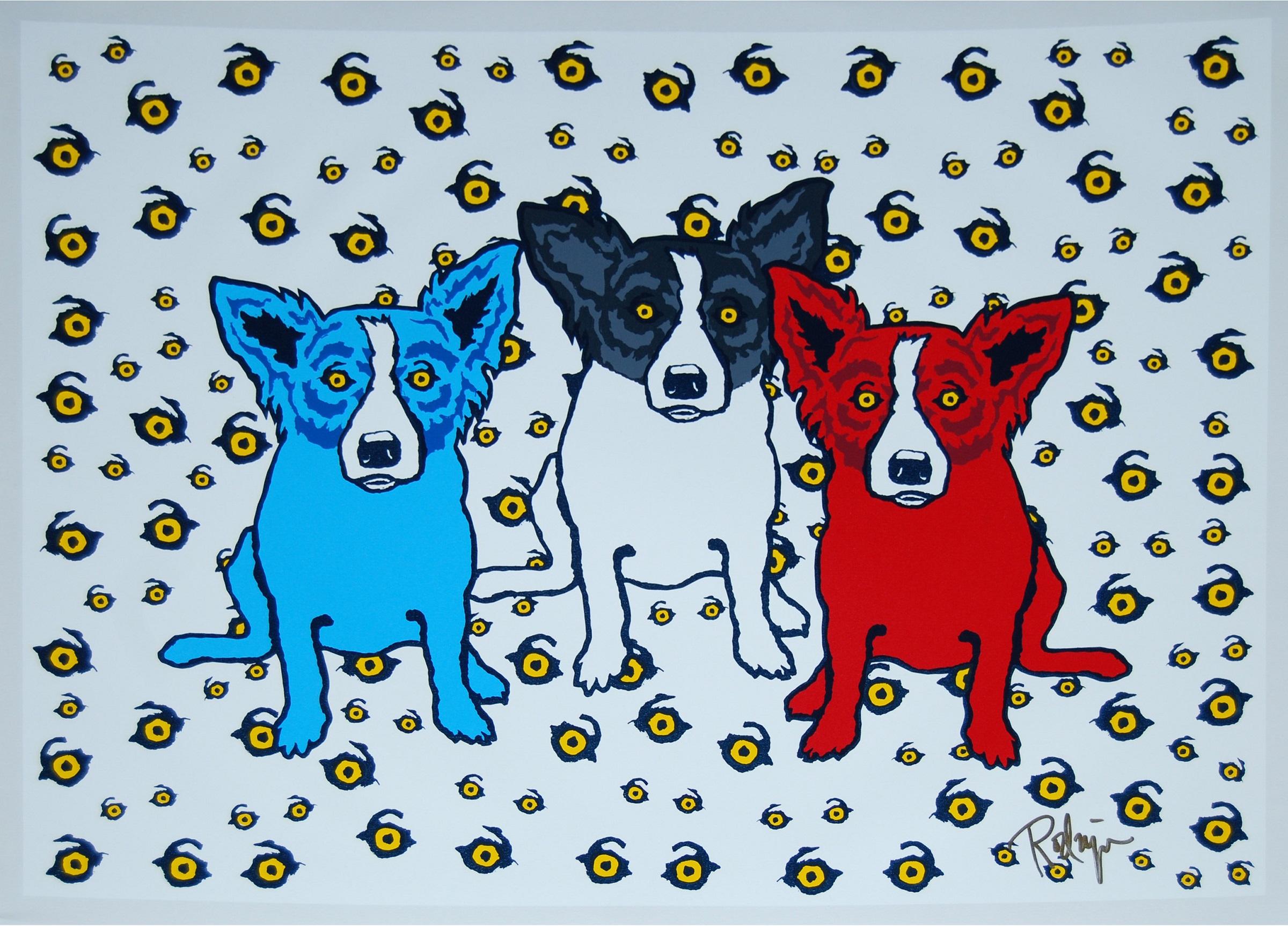 George Rodrigue Animal Print – Oh Say Can You See White - Signierter Siebdruck mit blauem Hund mit Siebdruck