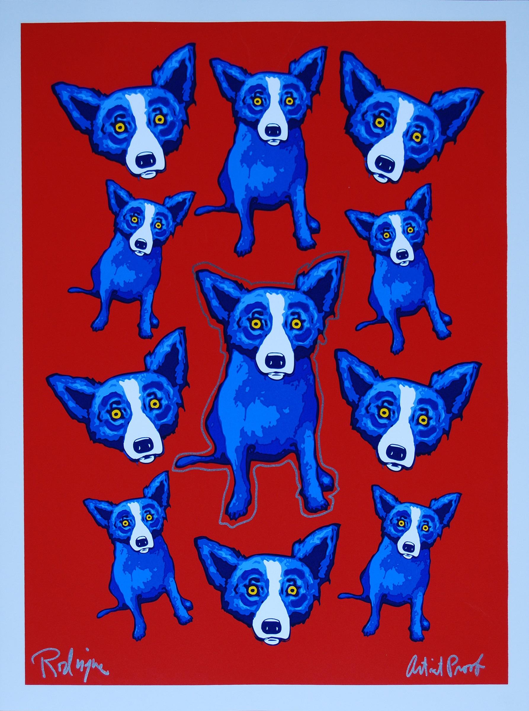 George Rodrigue Animal Print - Original Group Therapy Red - Remarqued Signed Silkscreen Blue Dog Print