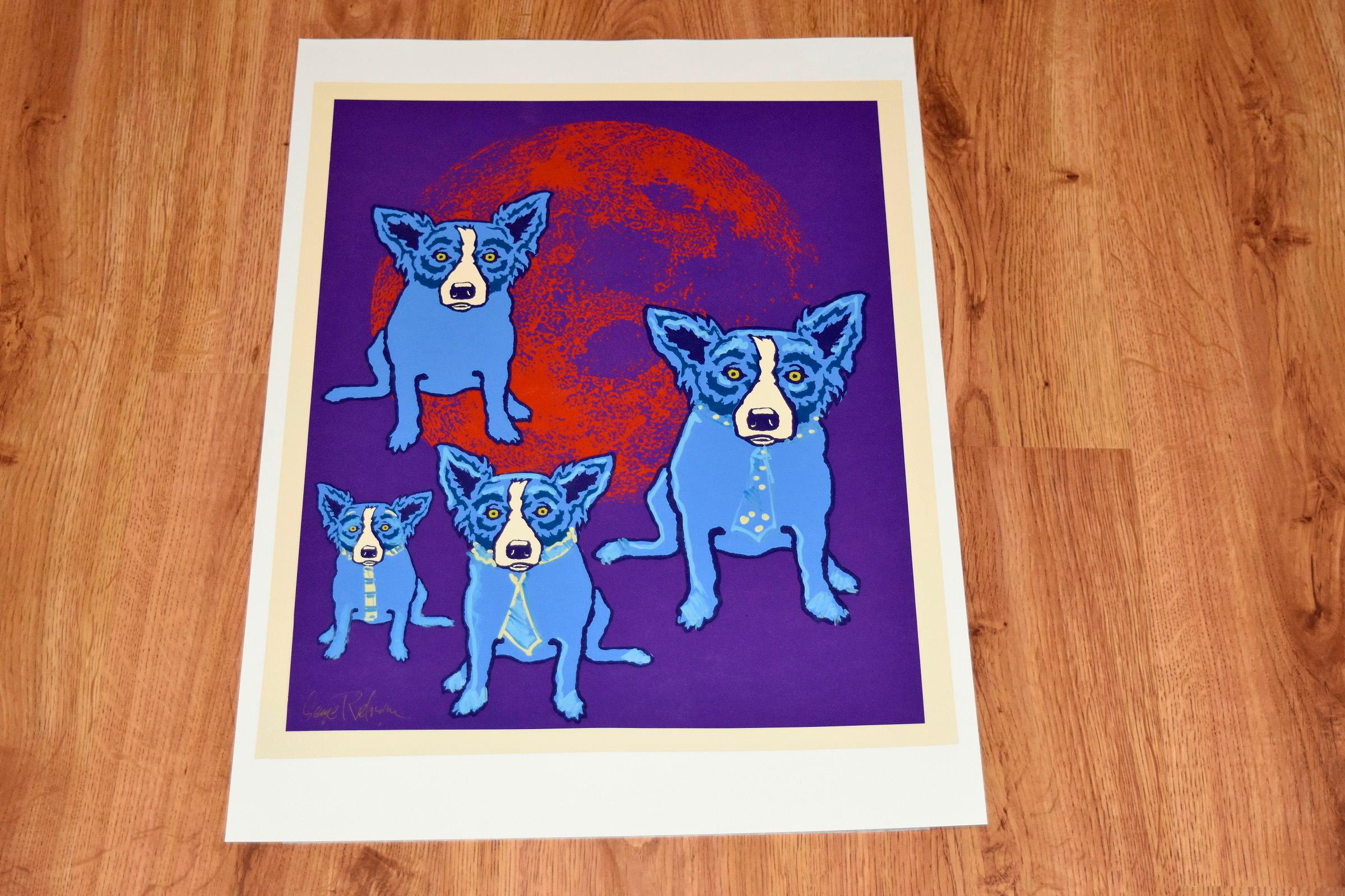 Original Hand-Embellished Red Moon - Unique Blue Dog - Print by George Rodrigue