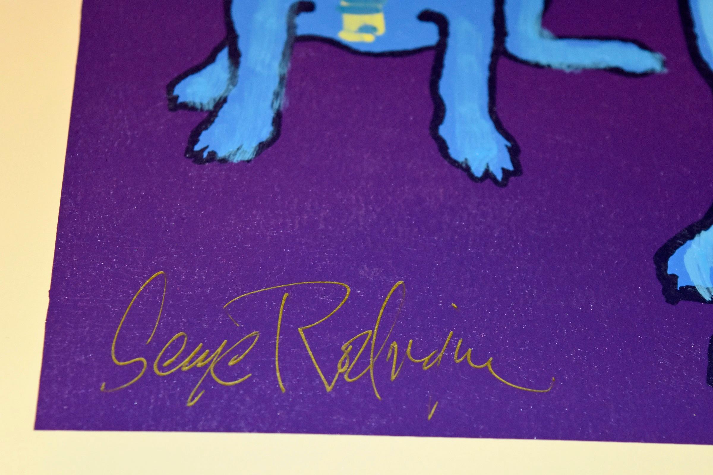 Original Hand-Embellished Red Moon - Unique Blue Dog - Pop Art Print by George Rodrigue