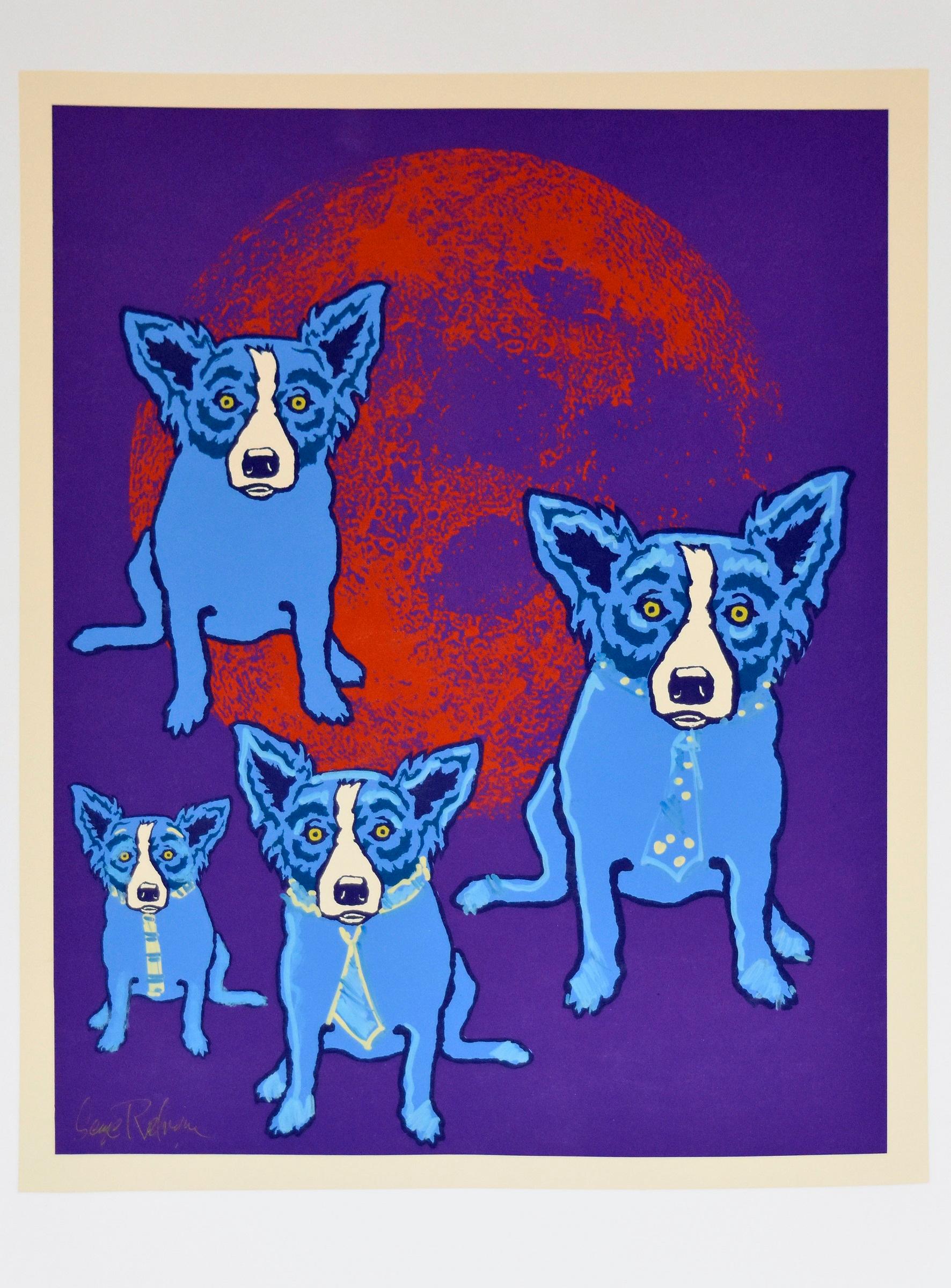 George Rodrigue Animal Print - Original Hand-Embellished Red Moon - Unique Blue Dog