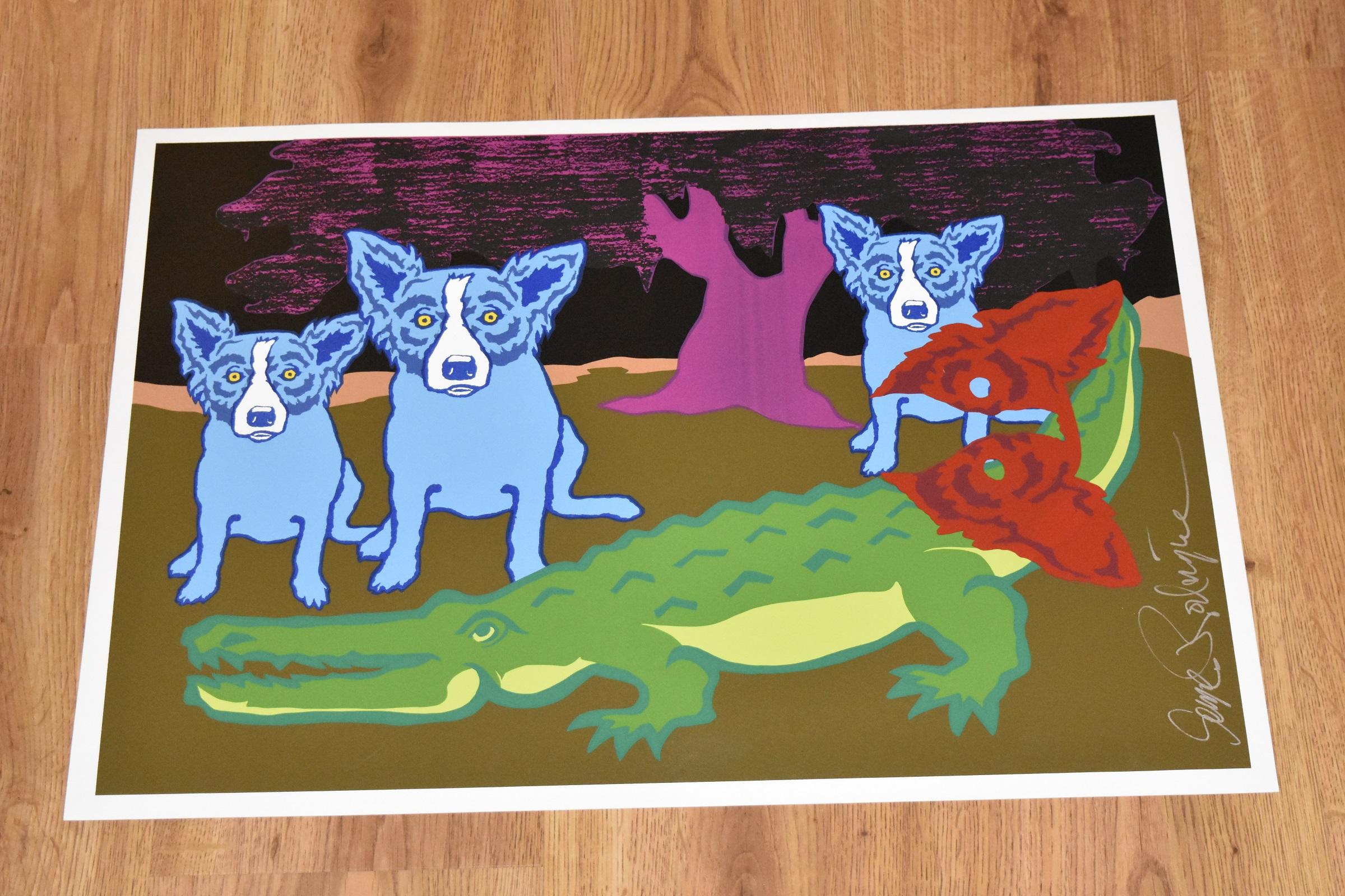 Original - Later Gator with Pink Tree - Unique - Signed Silkscreen - Blue Dog - Print by George Rodrigue