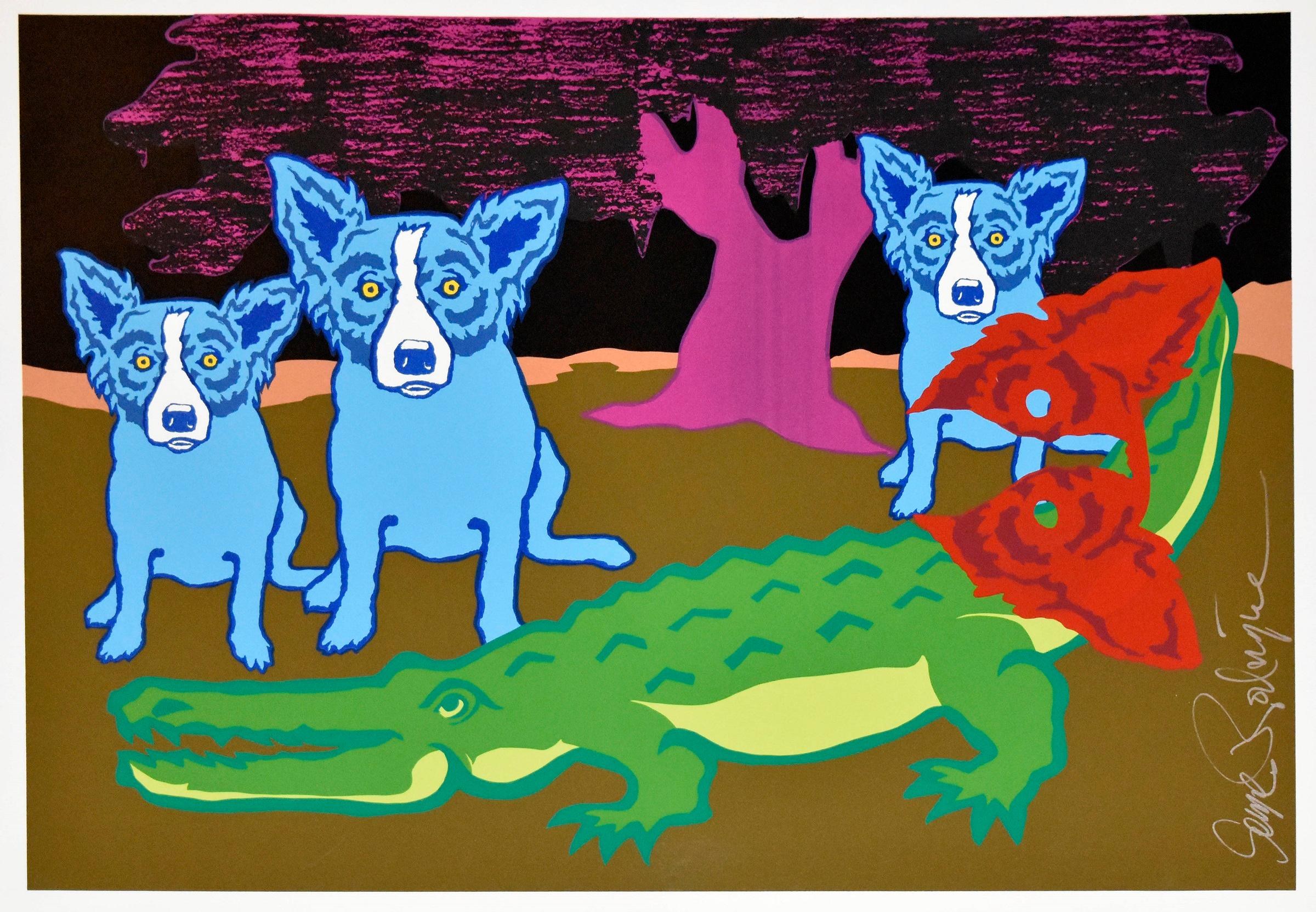 Original - Später Gator mit rosa Baum - Einzigartig - Signierter Siebdruck - Blauer Hund