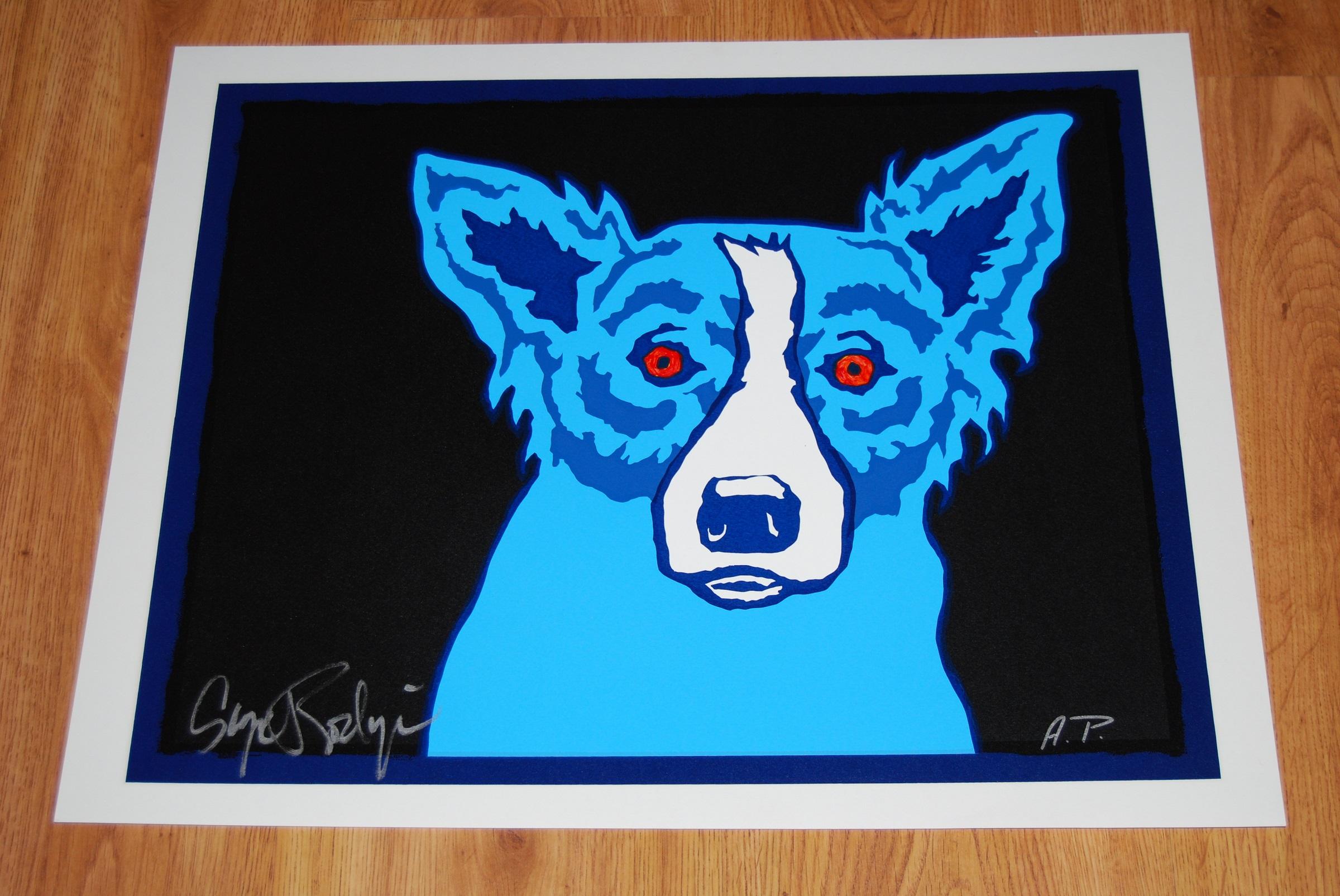 Original Top Dog Black with Red Eyes Hand Embellished - Signed Silkscreen - Print by George Rodrigue