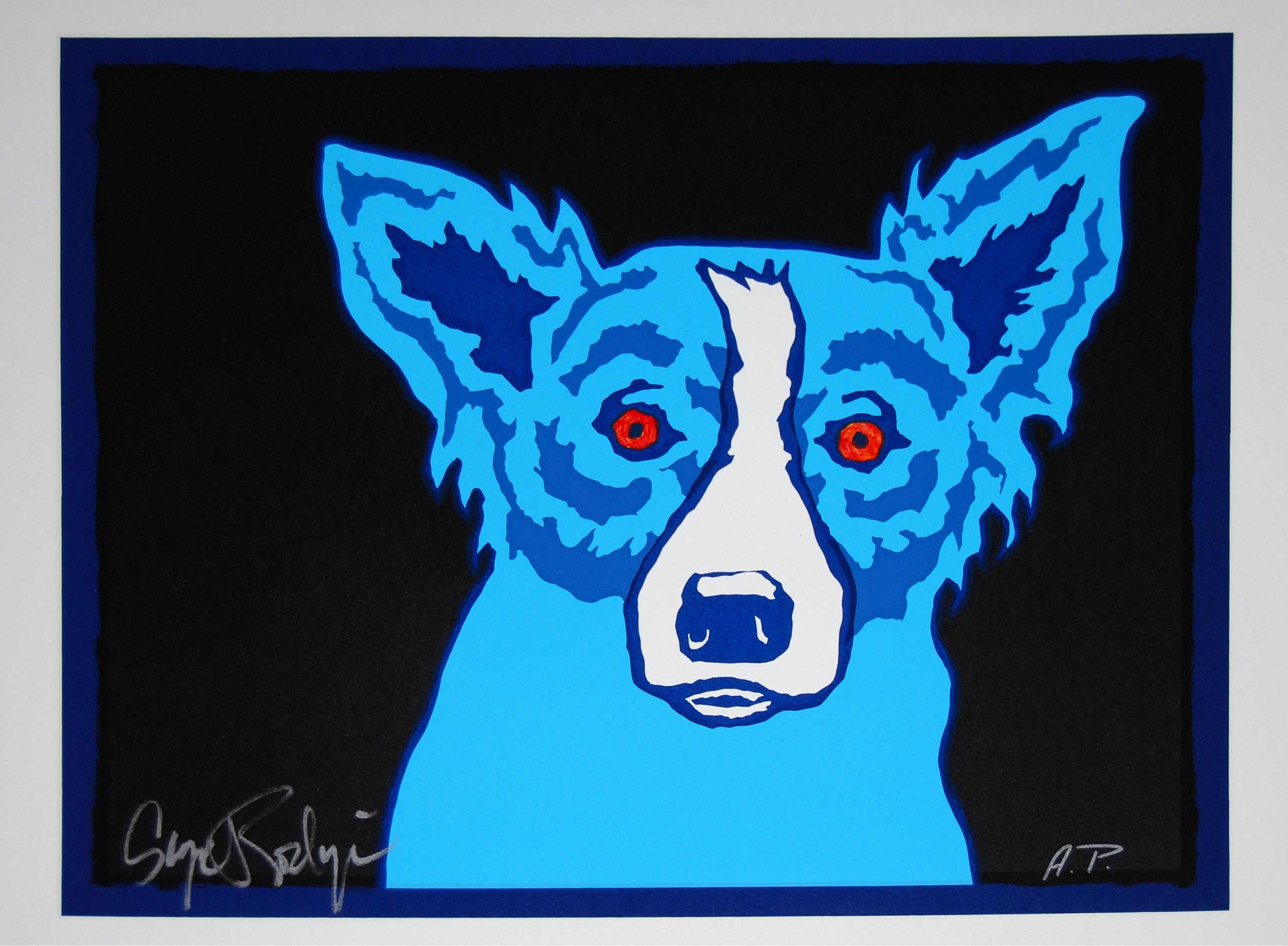 George Rodrigue Animal Print - Original Top Dog Black with Red Eyes Hand Embellished - Signed Silkscreen