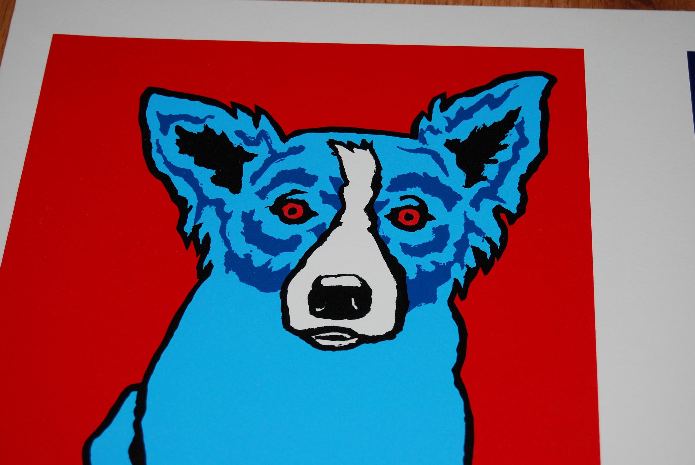 Cette œuvre Blue Dog se compose de 3 portraits de chiens aux contours différents. Un cadre représente 1 chien sur un fond rouge, un autre représente 2 chiens sur un fond bleu foncé avec une lune et le troisième représente 3 chiens de différents