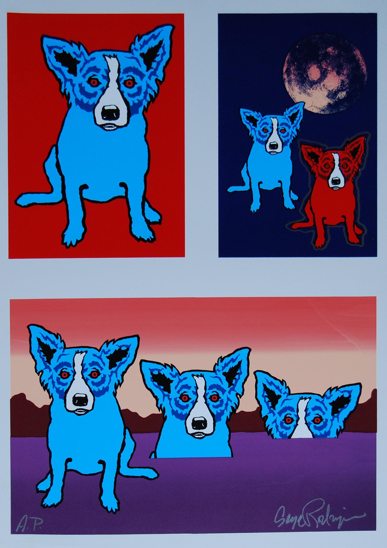 Animal Print George Rodrigue - Original Untitled Proof Red Eyes - Signé Remarqued Blue Dog