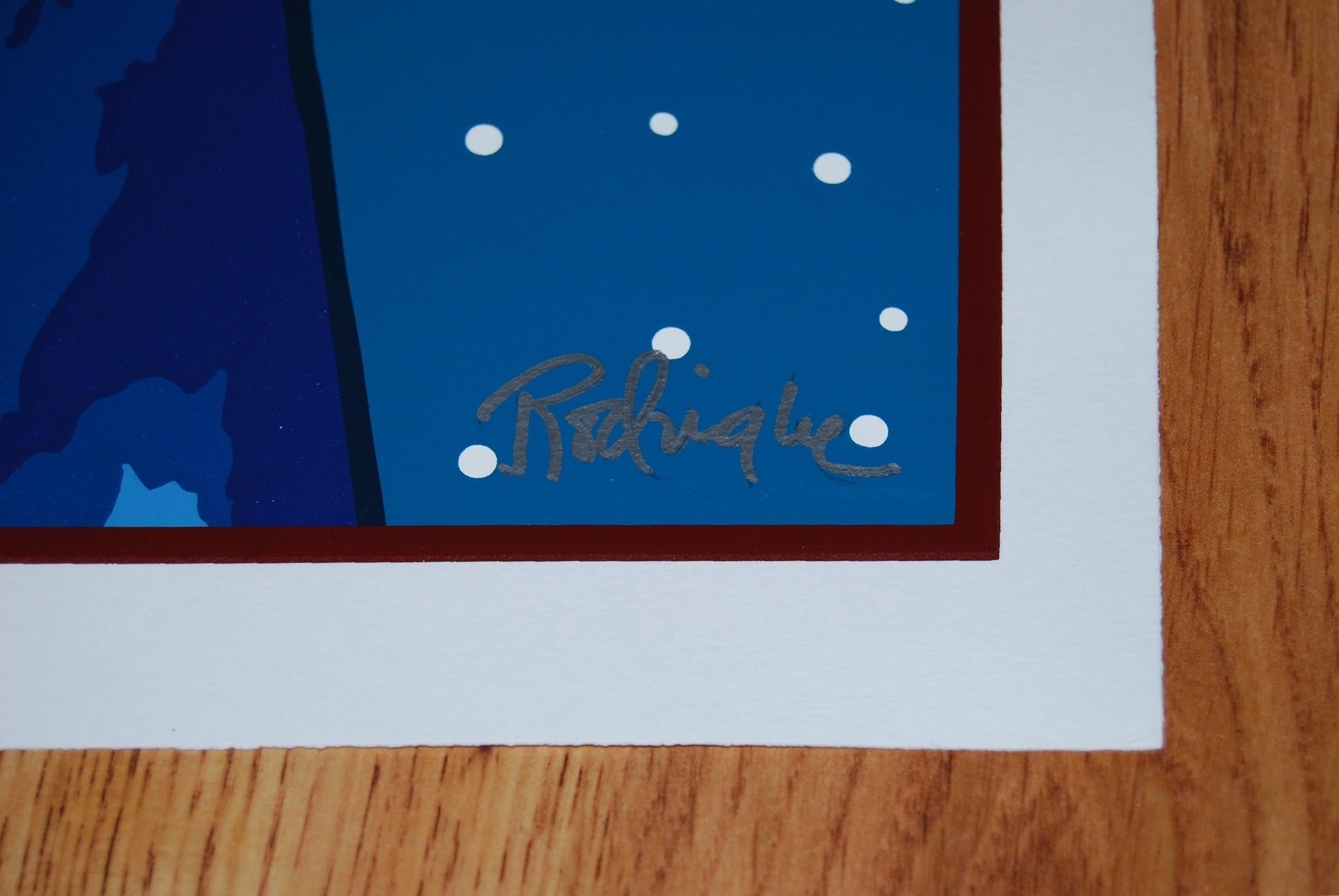 Papier, rubans et moi - Sérigraphie de chien bleu signée - Bleu Animal Print par George Rodrigue