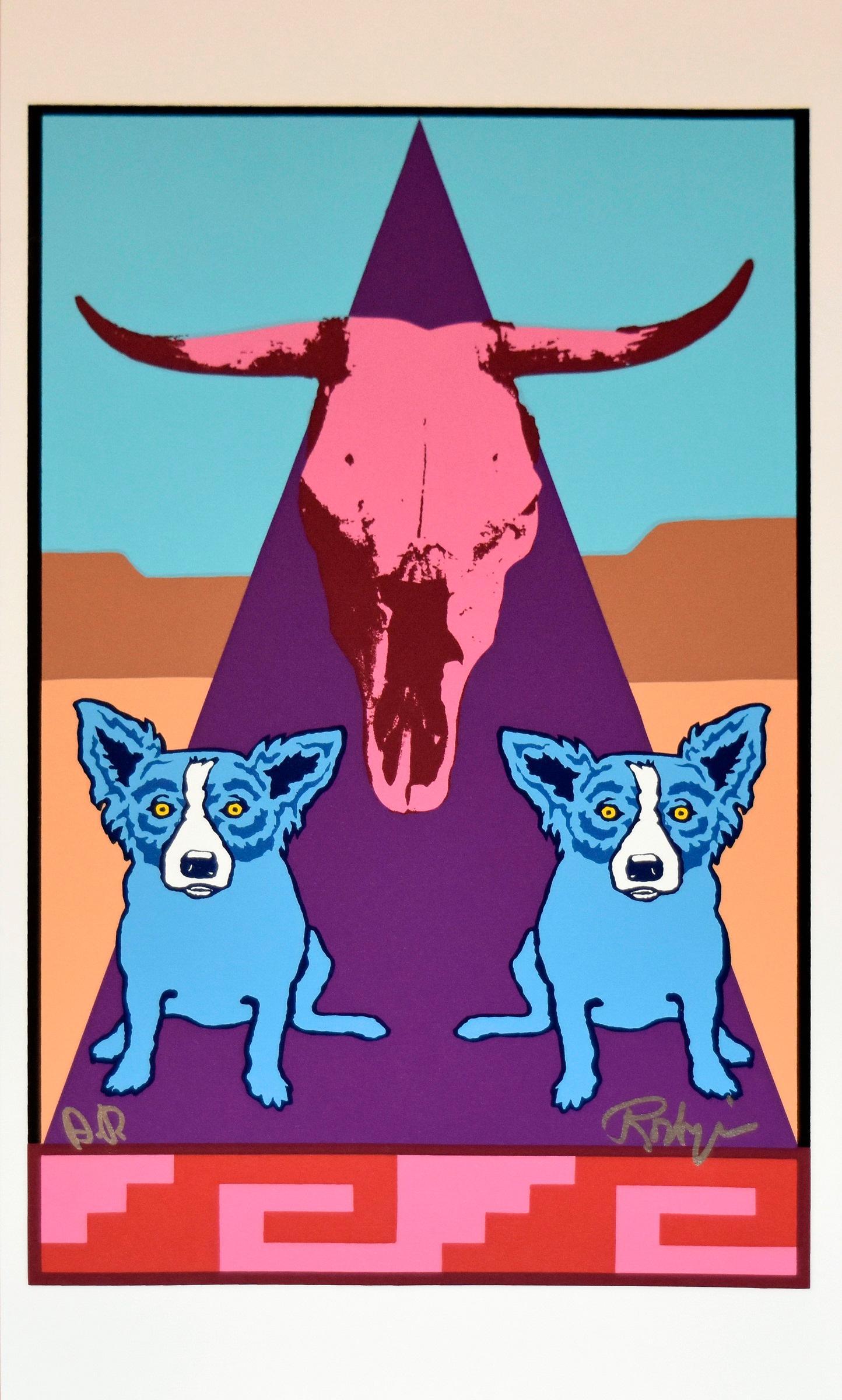 George Rodrigue Animal Print - Pueblo Puppies - Signed Silkscreen Print - Blue Dog