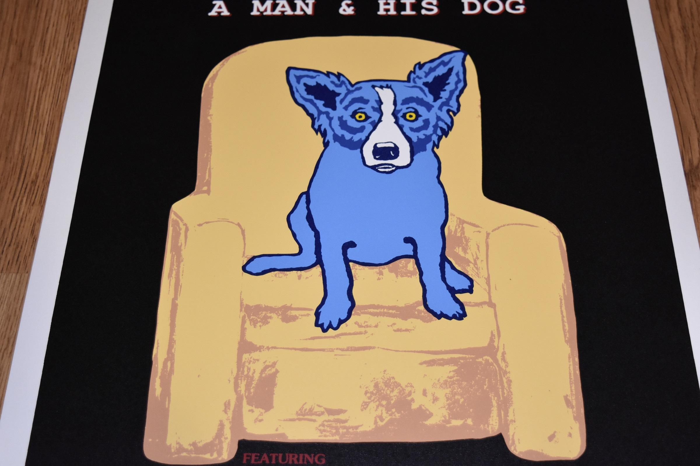 Rodrigue : Un homme et son chien noir - Impression sérigraphiée en soie signée, chien bleu - Pop Art Print par George Rodrigue