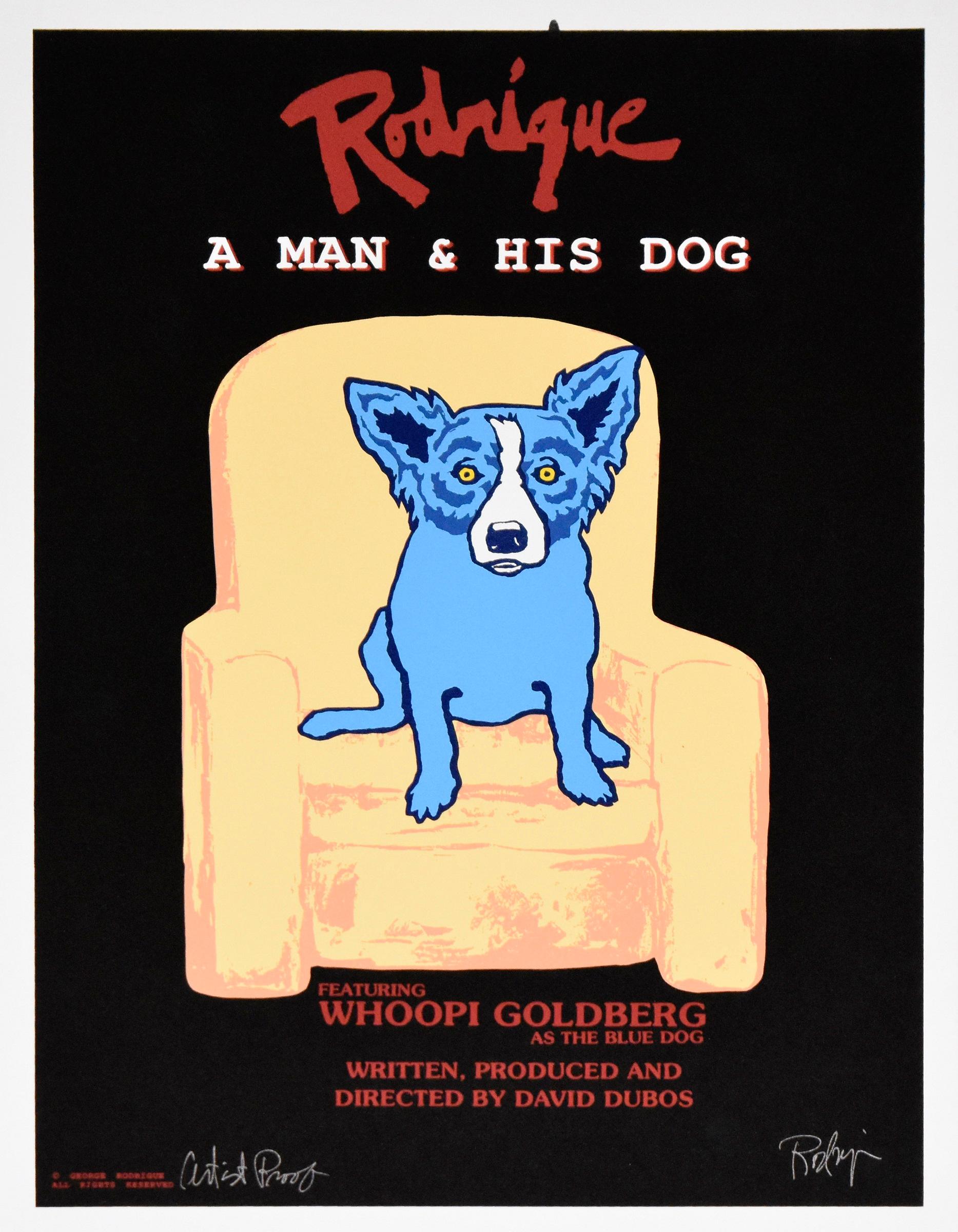 Animal Print George Rodrigue - Rodrigue : Un homme et son chien noir - Impression sérigraphiée en soie signée, chien bleu