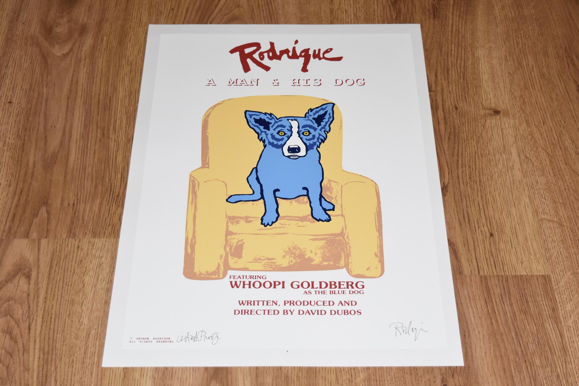 Rodrigue : Un homme et son chien blanc - Impression sérigraphiée en soie signée, chien bleu - Print de George Rodrigue