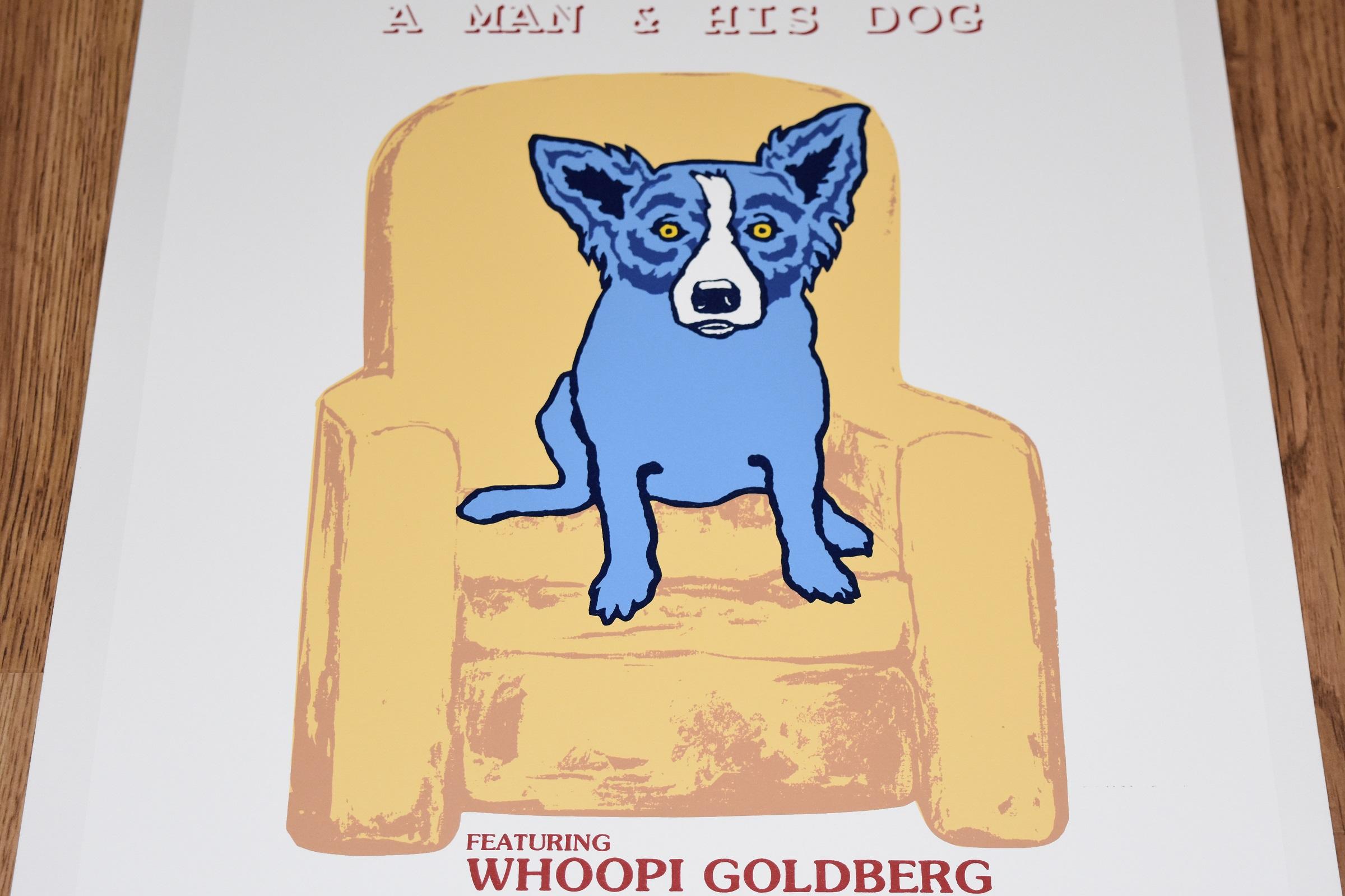 Rodrigue: Ein Mann und sein Hund in Weiß – signierter blauer Seidendruck (Pop-Art), Print, von George Rodrigue