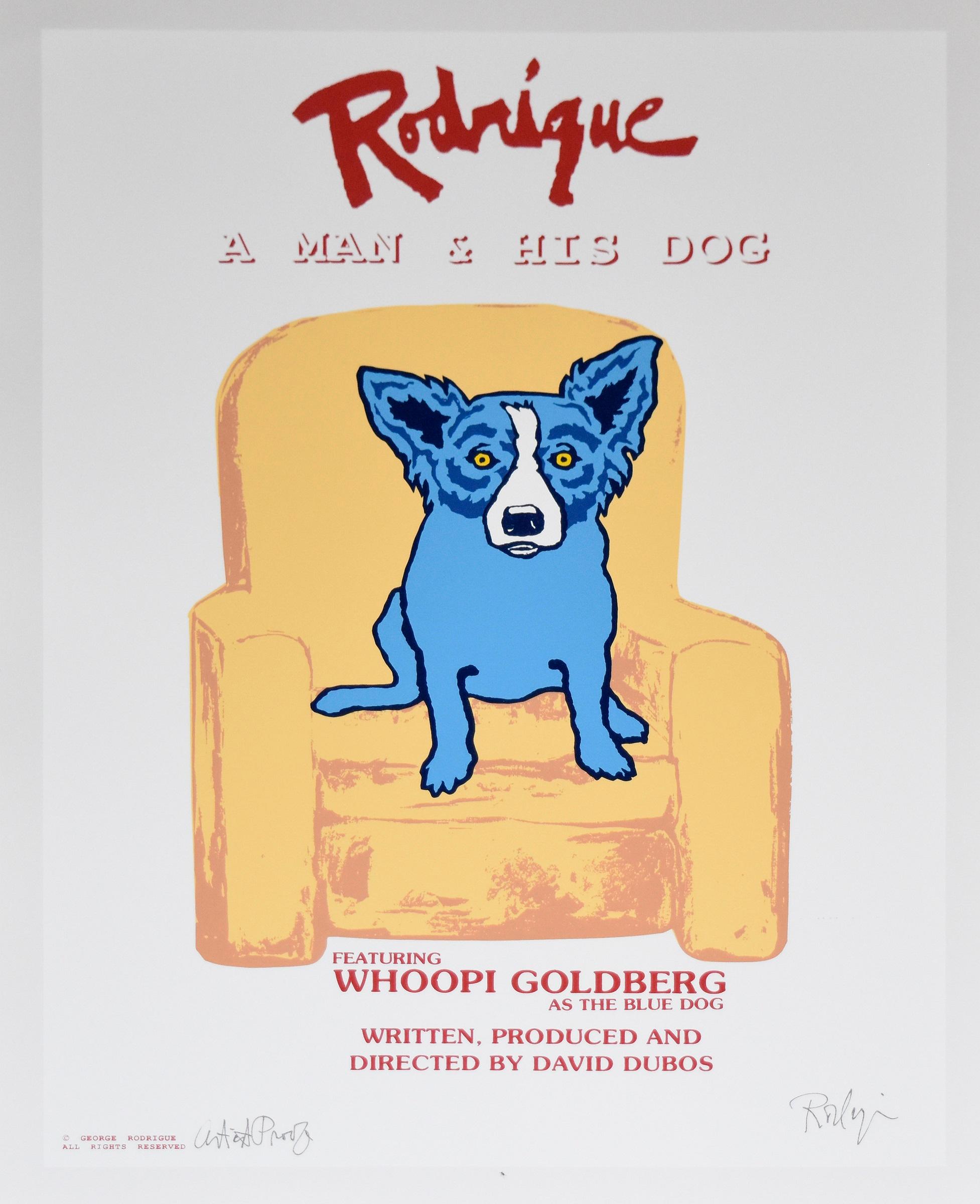 George Rodrigue Animal Print – Rodrigue: Ein Mann und sein Hund in Weiß – signierter blauer Seidendruck