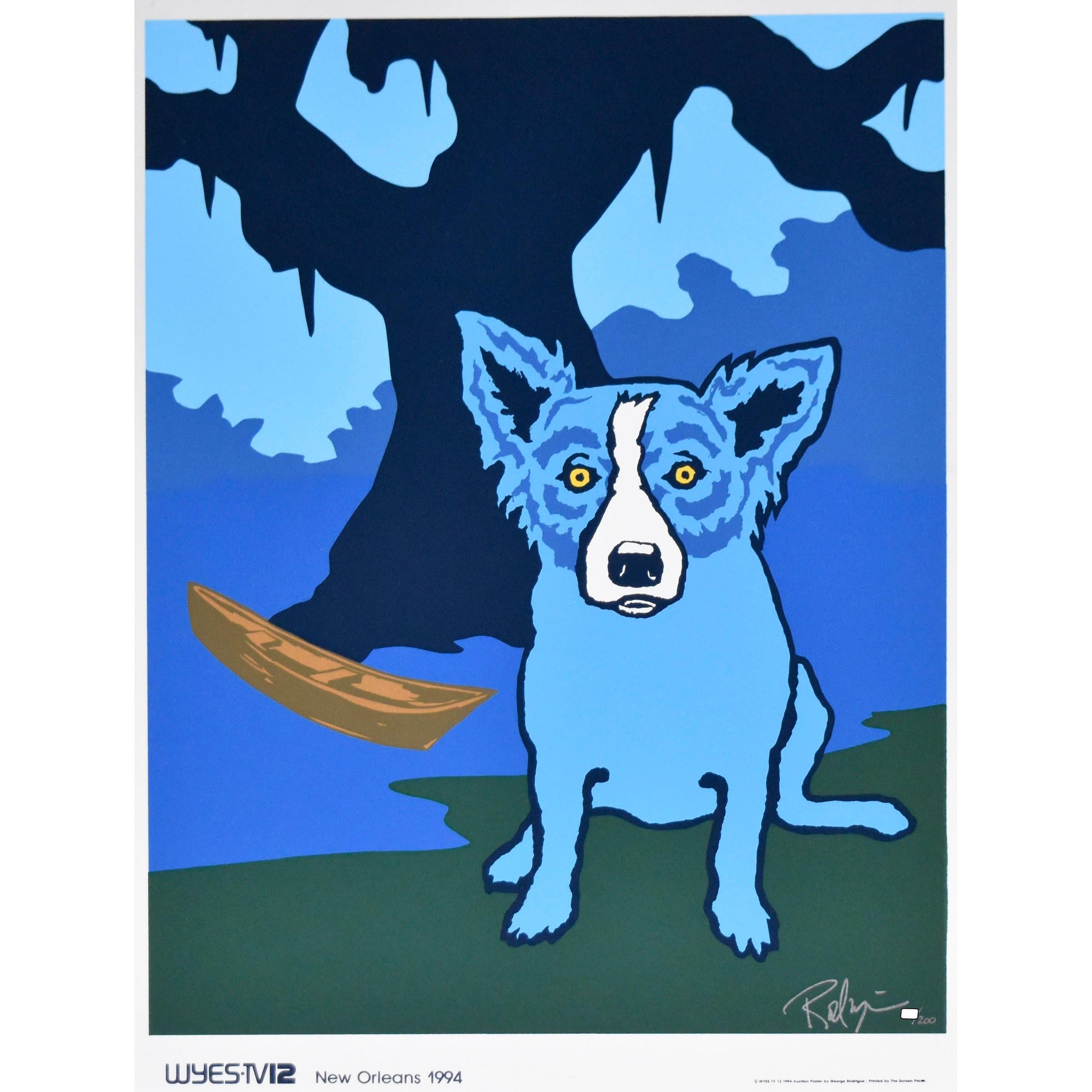 Cette œuvre Chien bleu consiste en un chien bleu assis sur l'herbe verte au bord de l'eau où se trouve un Cano sous un arbre noir avec un ciel bleu ouvert.  Le chien a des yeux jaunes pleins d'âme.  Cette sérigraphie originale pop art sur papier est