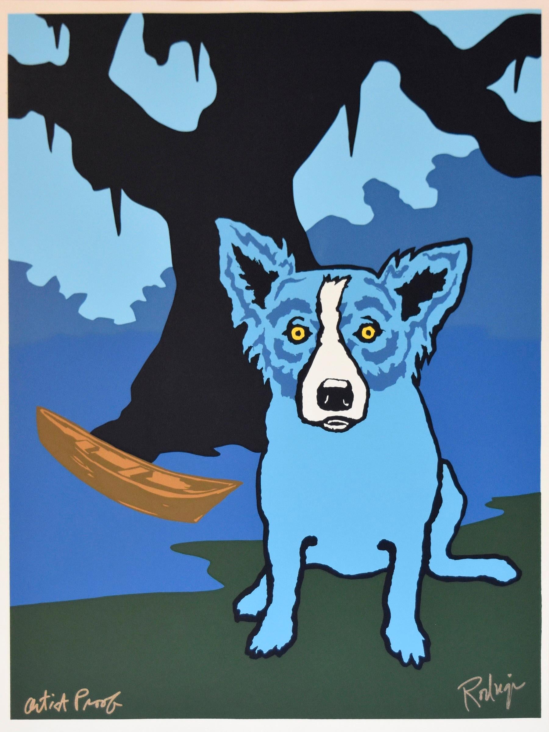 George Rodrigue Animal Print - Row With Me Henry - Signed Silkscreen Print Blue Dog