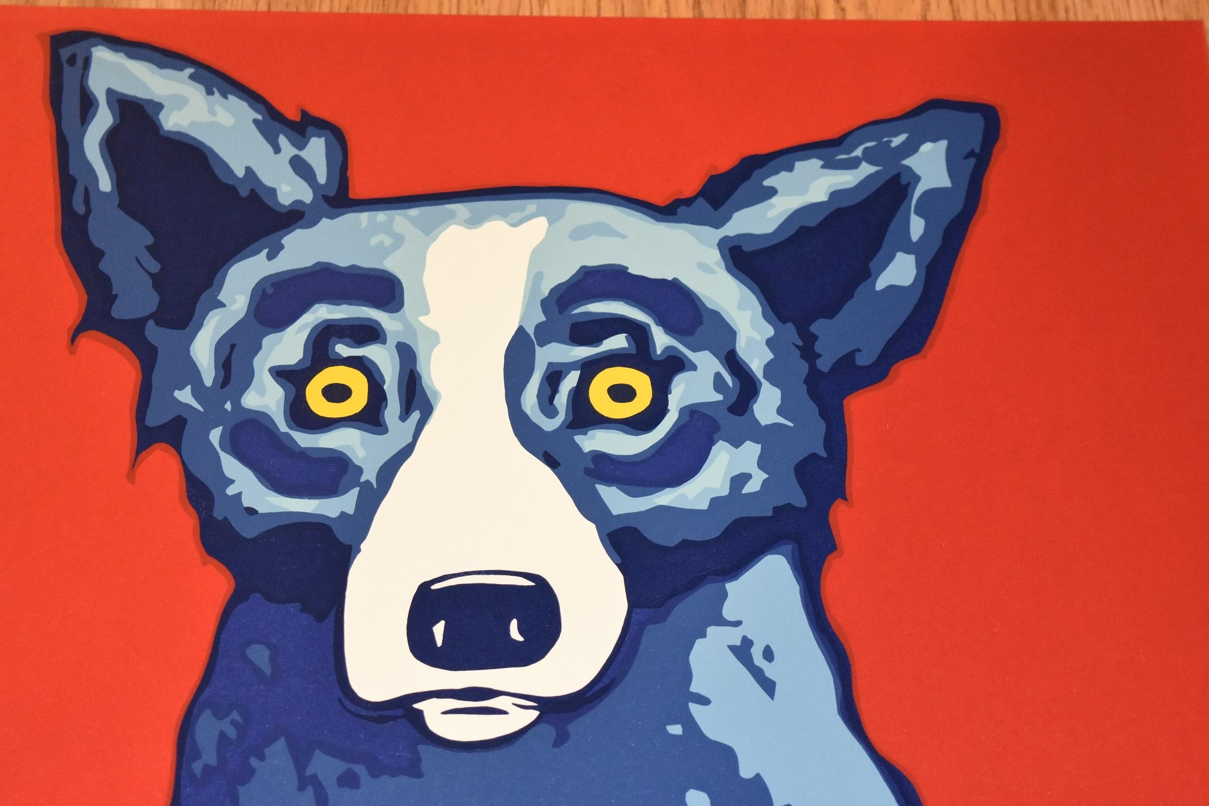 See How My Garden Grows - Signed Silkscreen Print Blue Dog - Red Animal Print by George Rodrigue