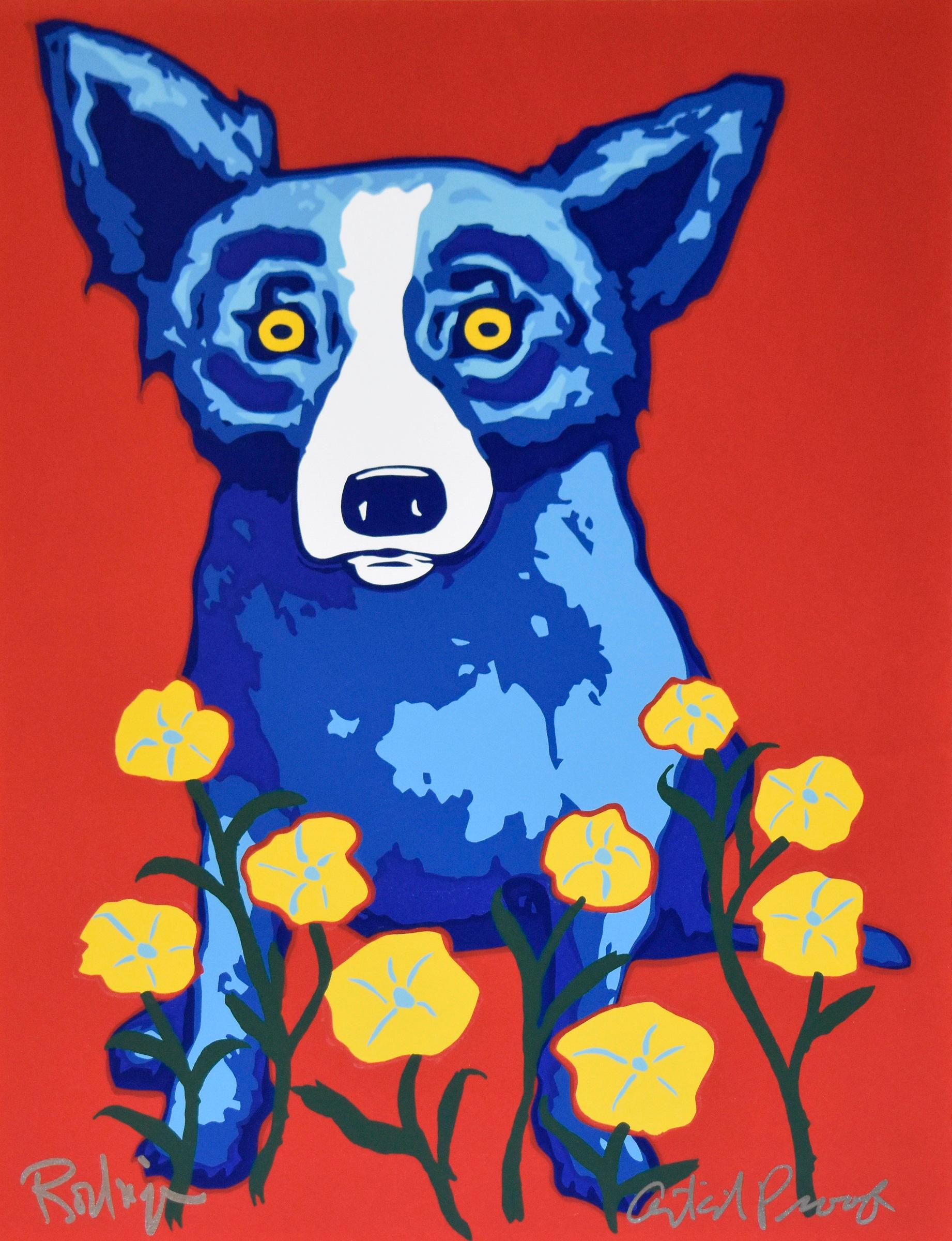 George Rodrigue Animal Print - See How My Garden Grows - Signed Silkscreen Print Blue Dog