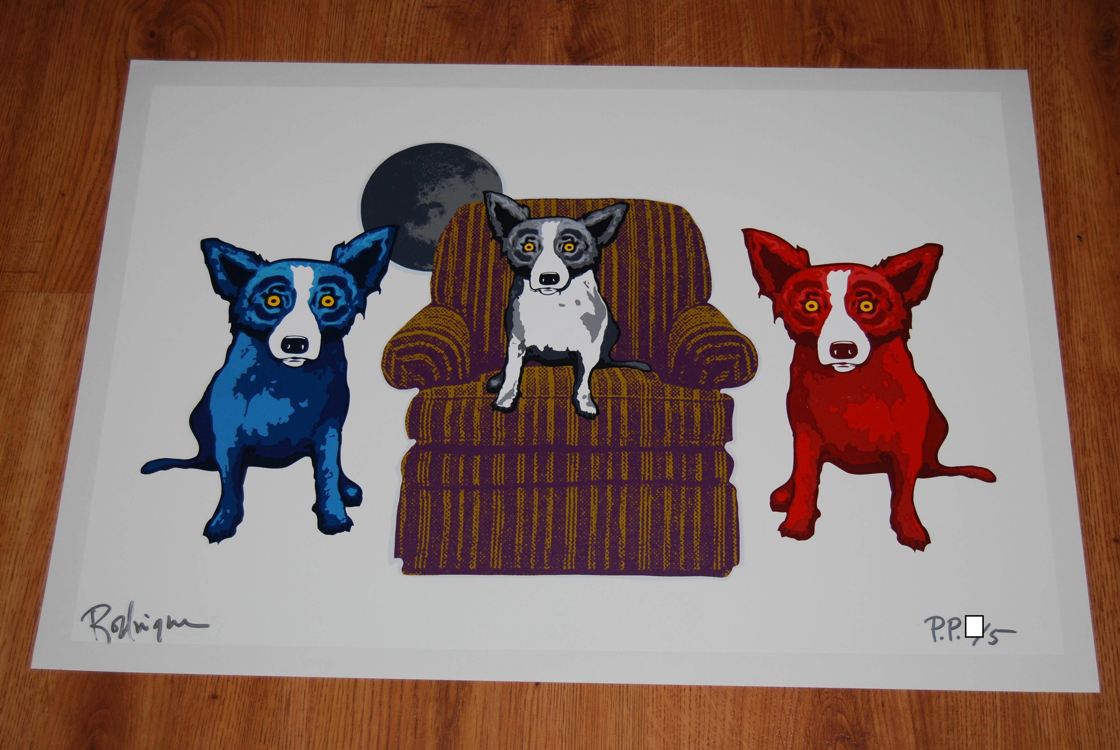 Sitting With My Sisters White - Signed Silkscreen Blue Dog Print - Gray Animal Print by George Rodrigue