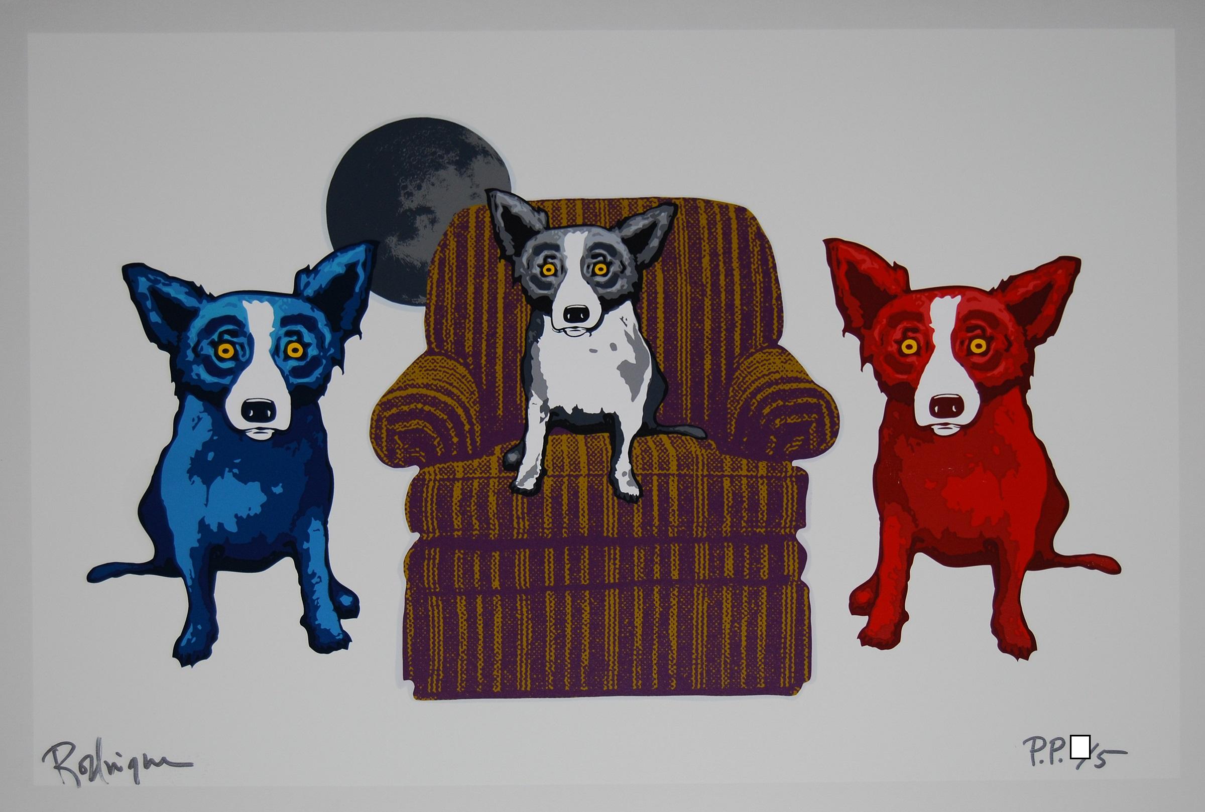 George Rodrigue Animal Print - Sitting With My Sisters White - Signed Silkscreen Blue Dog Print