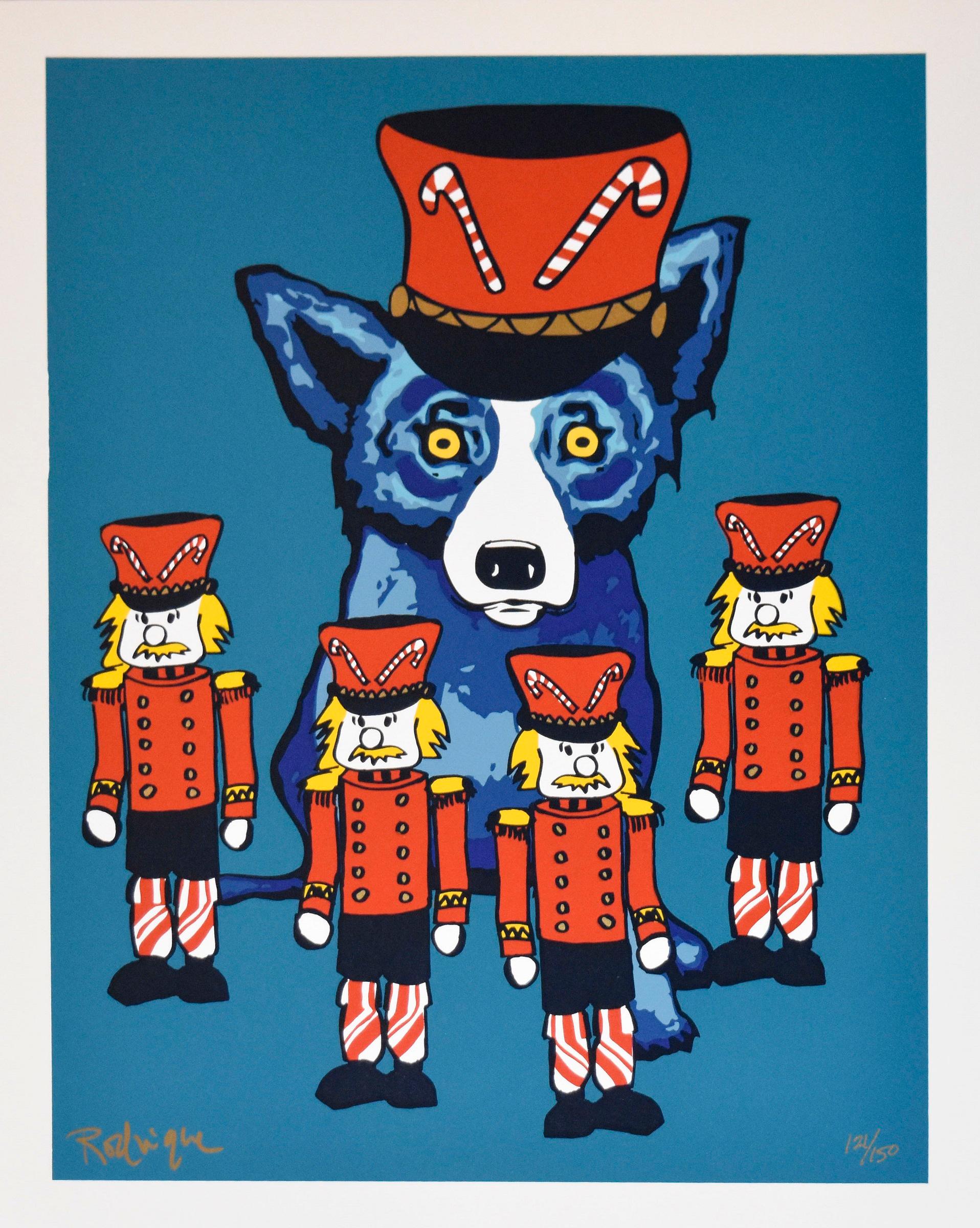 George Rodrigue Animal Print - Soldier Boy - Signed Silkscreen Print Blue Dog Holiday Print Sale