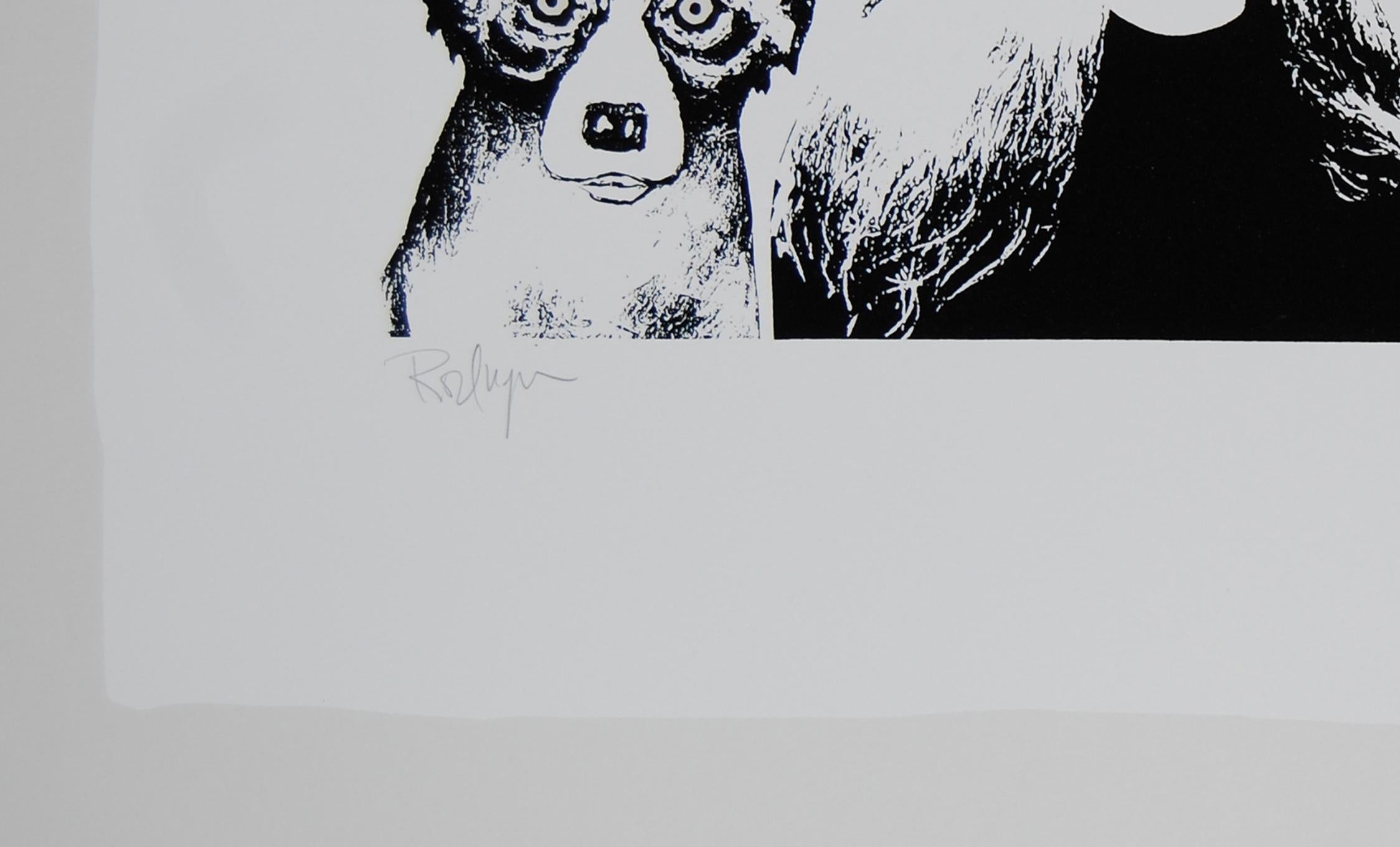 This Blue Dog work consists of a white background.  There is a woman with dog ears and red lipstick centered between 2 dogs.  The woman and dogs are painted in black & white with only the touch of red on her lips.  This pop art animal original