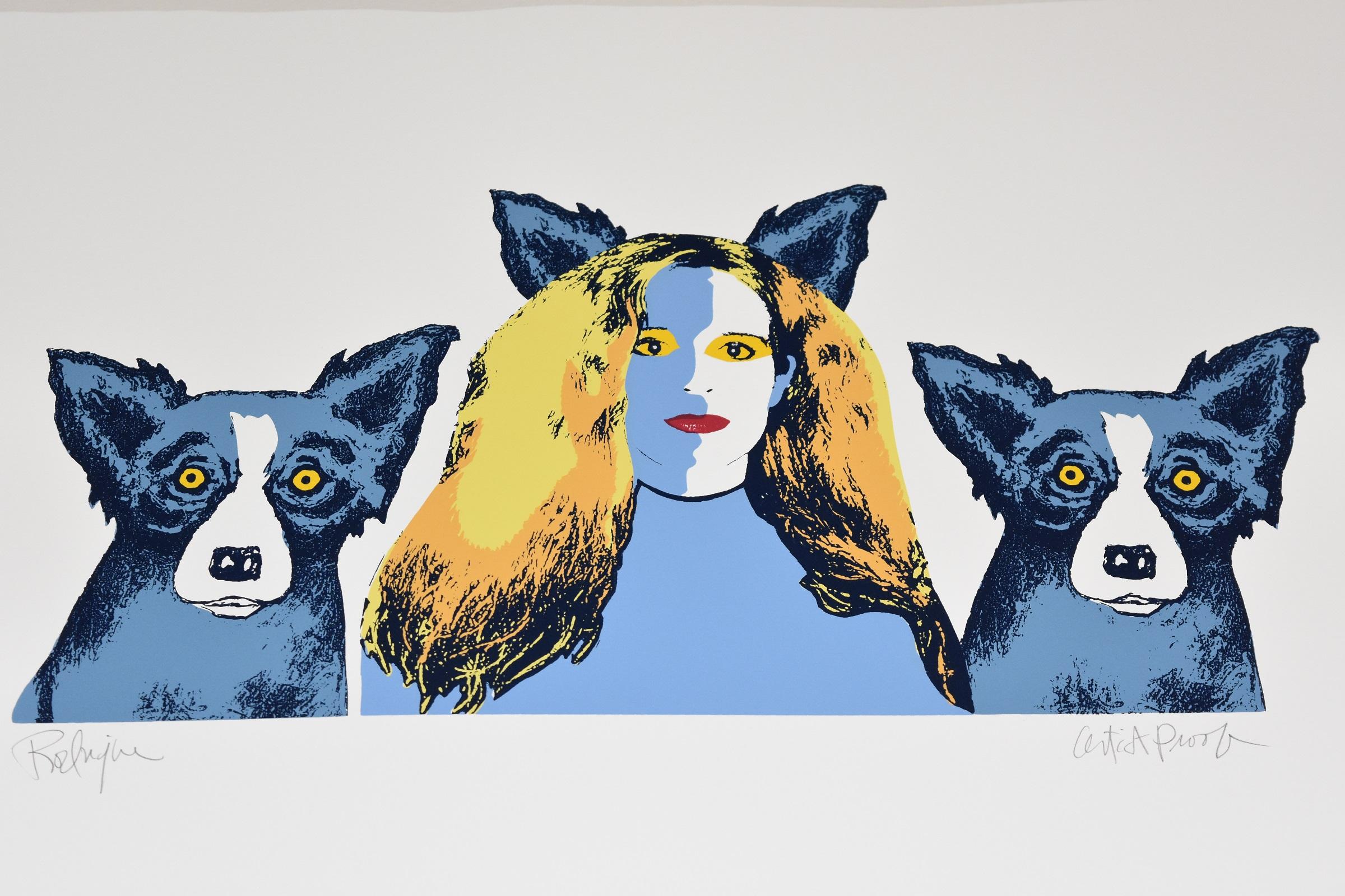 This Blue Dog work consists of a white background with a blue and white female with yellow and black hair centered between 2 blue dogs.  All 3 have soulful yellow eyes.  This pop art animal original silkscreen print on paper is hand signed by the