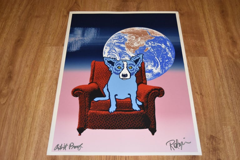 Space Chair - Split Font - Blue Pink 2 - Silkscreen Signed Print - Blue Dog - Black Animal Print by George Rodrigue
