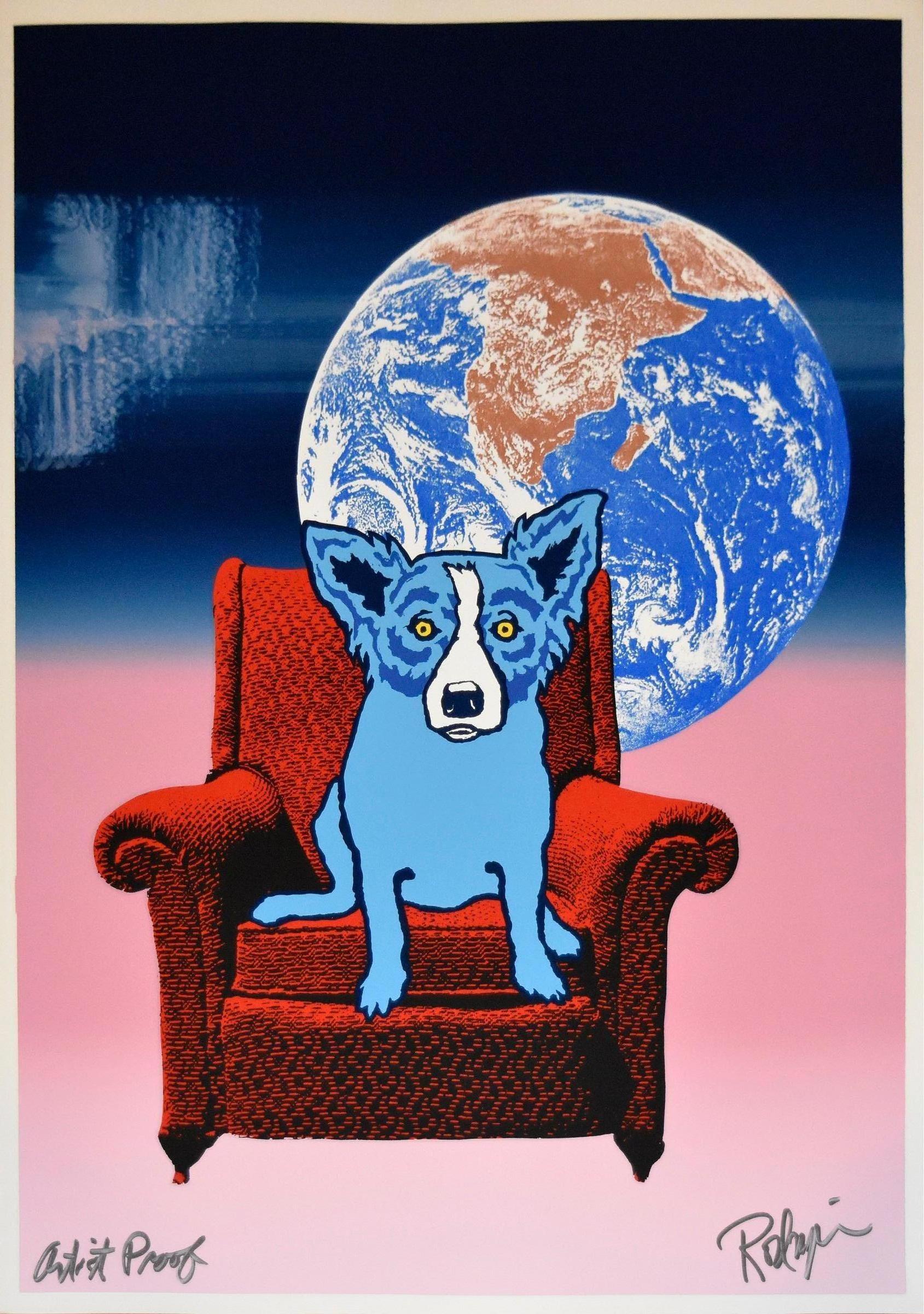 Animal Print George Rodrigue - Chaise spatiale - Font fendu - Bleu Rose 2 - Imprimé sérigraphié signé - Chien bleu