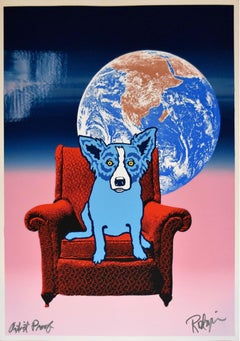 Vintage Space Chair - Split Font - Blue Pink 2 - Silkscreen Signed Print - Blue Dog