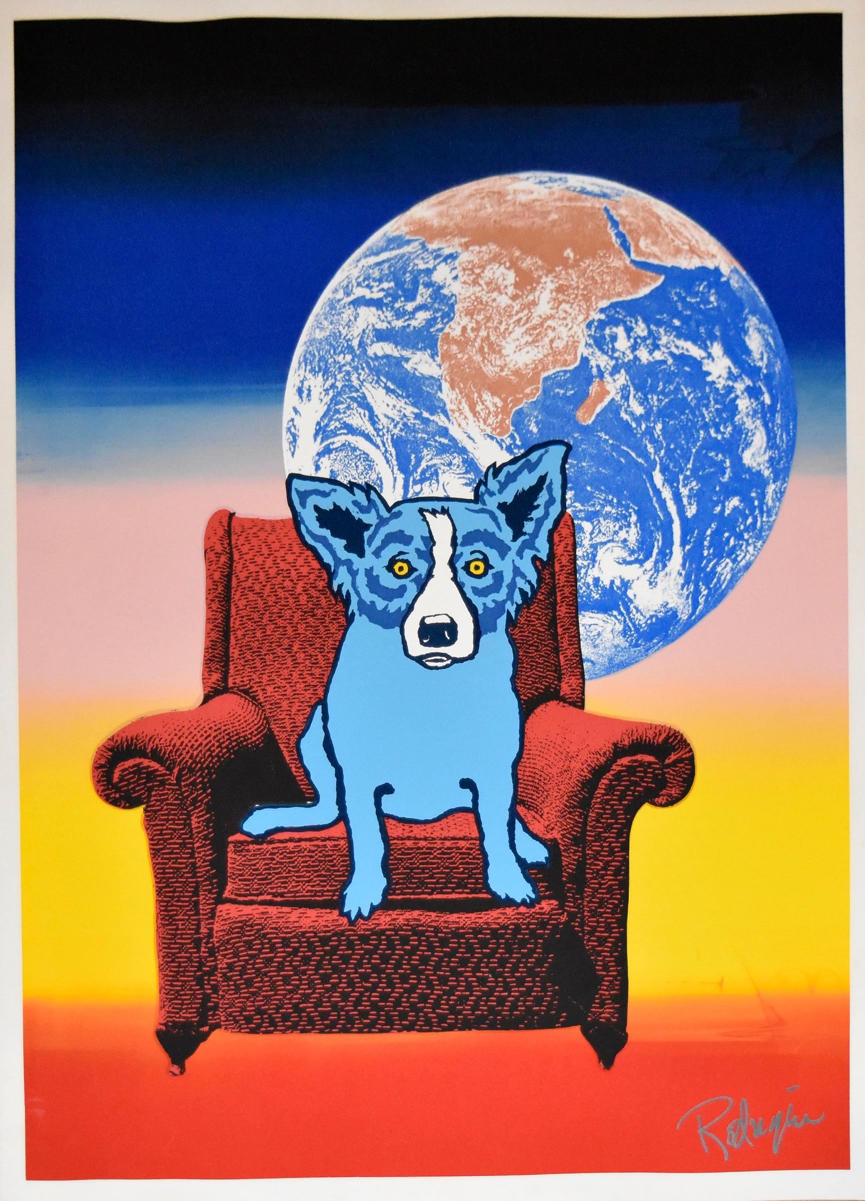 George Rodrigue Animal Print - Space Chair - Split Font - Green Yellow 1 - Signed Silkscreen Print - Blue Dog
