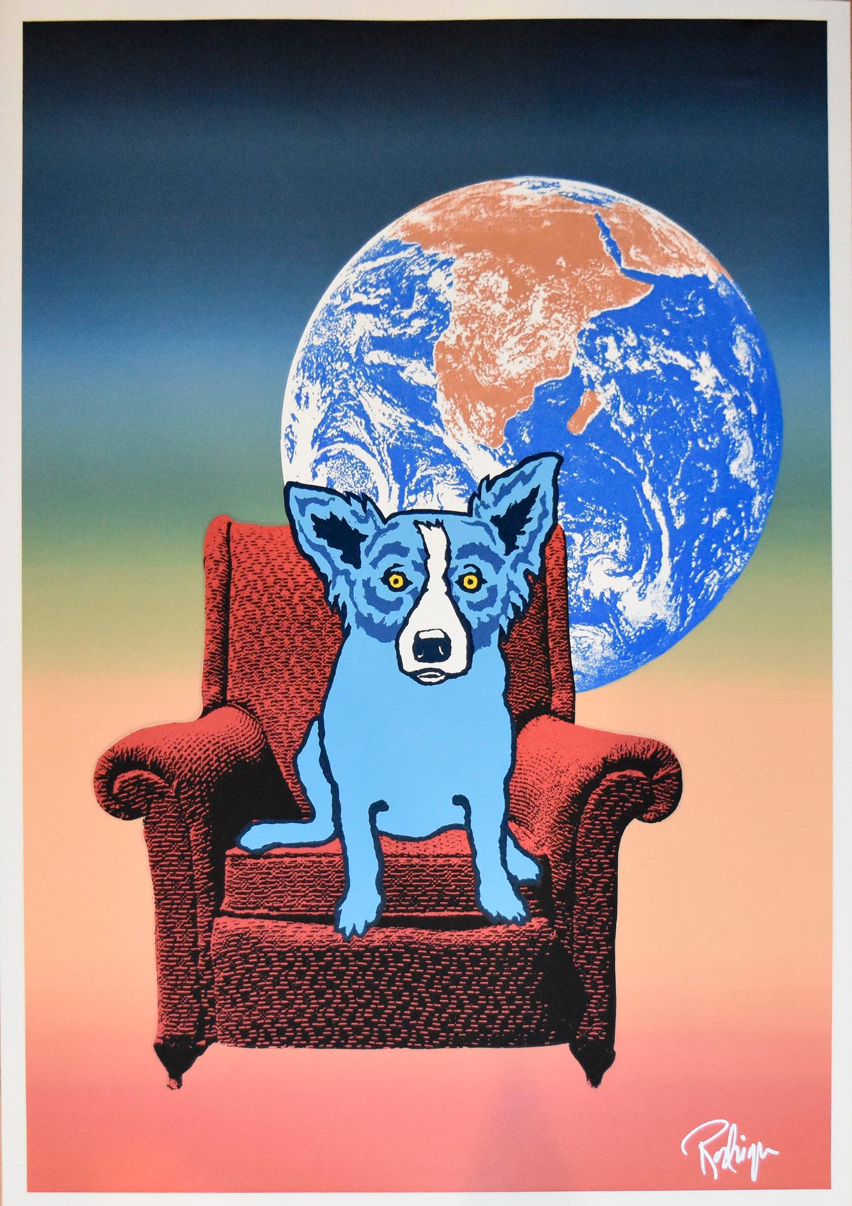 George Rodrigue Animal Print - Space Chair - Split Font - Green Yellow 2 - Signed Silkscreen Print - Blue Dog