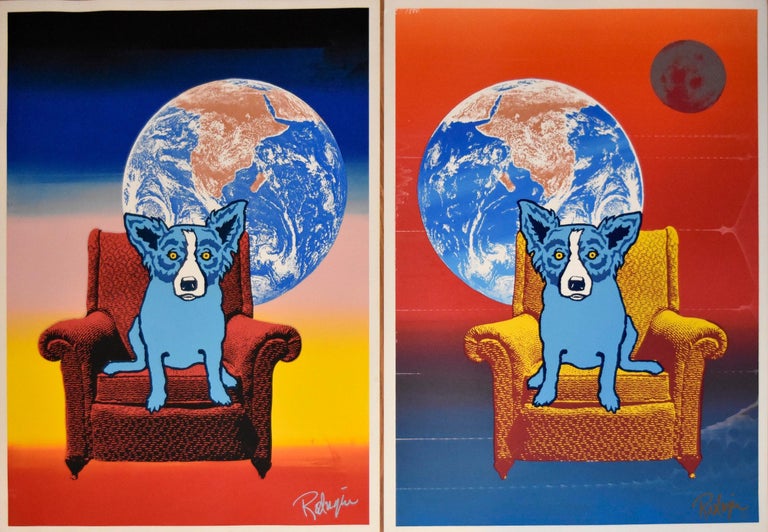 George Rodrigue Animal Print - Space Chair - Strato Lounger Combination - Signed Silkscreen Print - Blue Dog