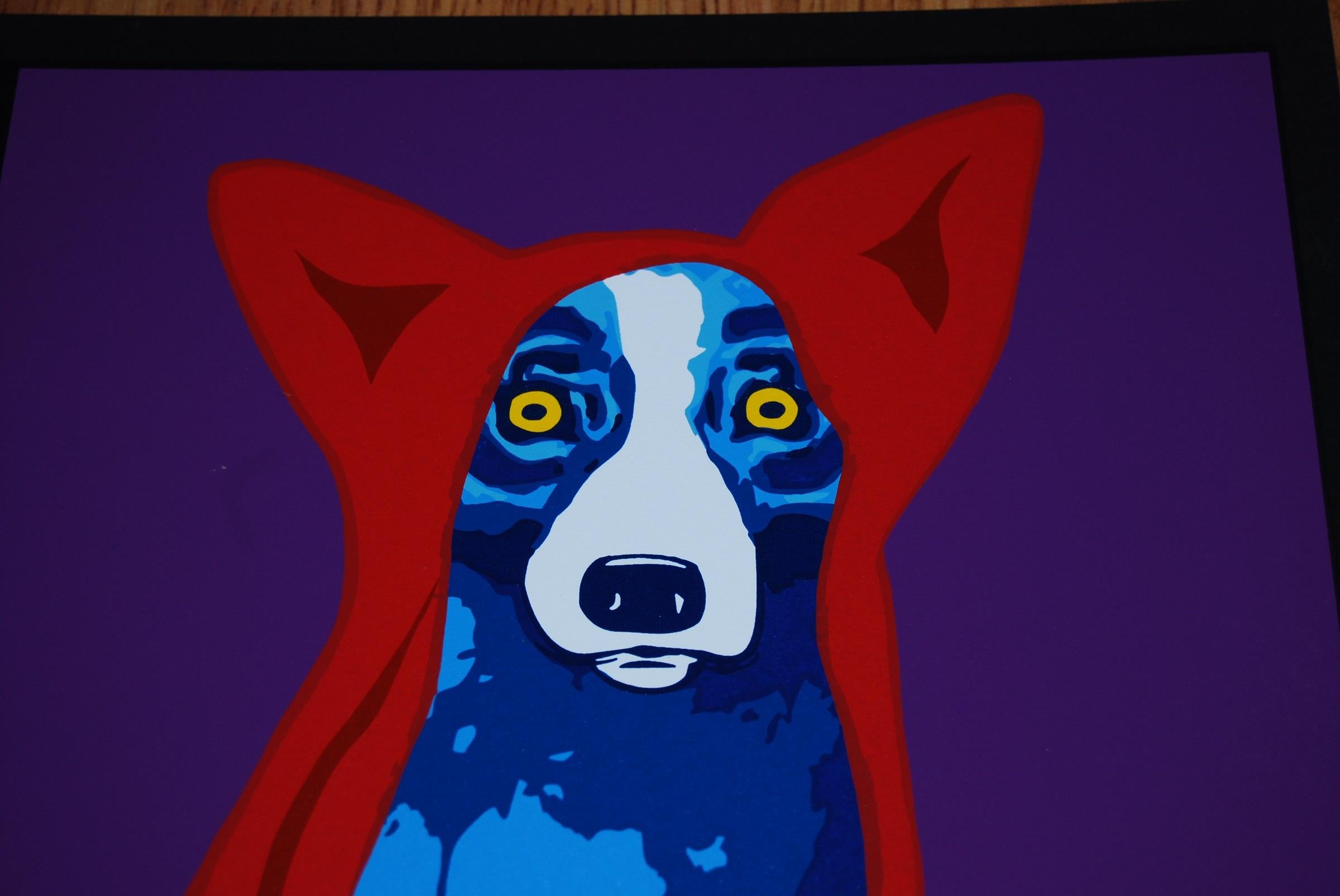 Space Traveler Black Border - Signed Silkscreen Blue Dog Print - Purple Animal Print by George Rodrigue