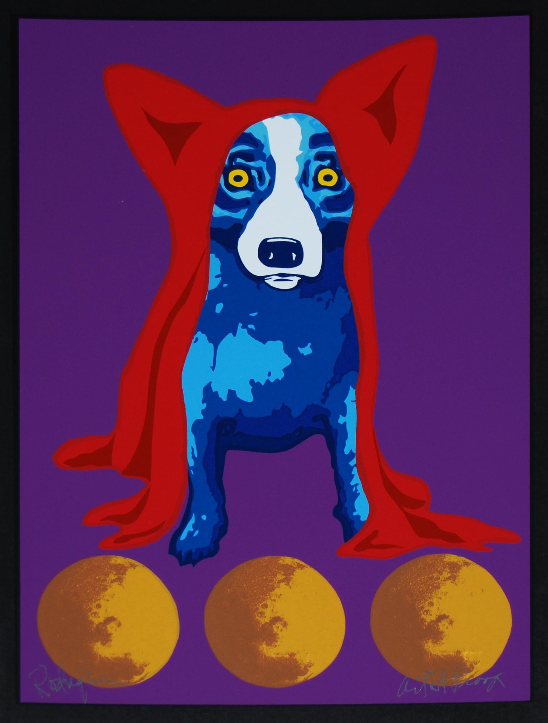 George Rodrigue Animal Print - Space Traveler Black Border - Signed Silkscreen Blue Dog Print