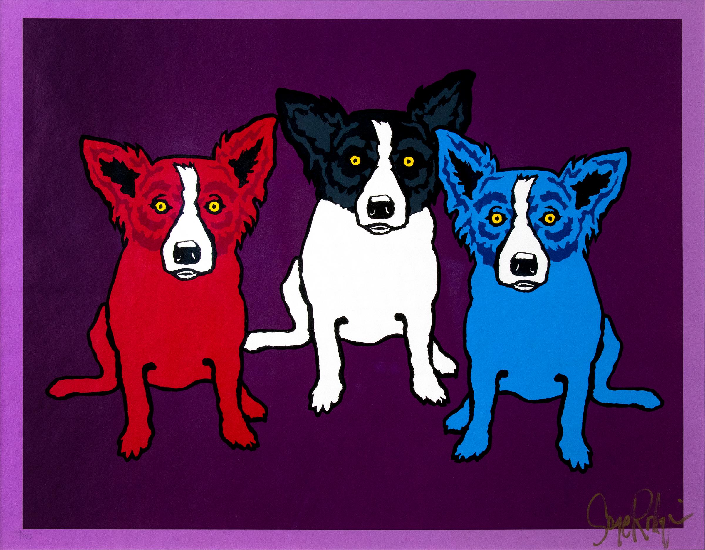 Spilt Personality, Blue Dog Series, 3 Dogs, Red, Blue, Black, White & Purple  - Print by George Rodrigue