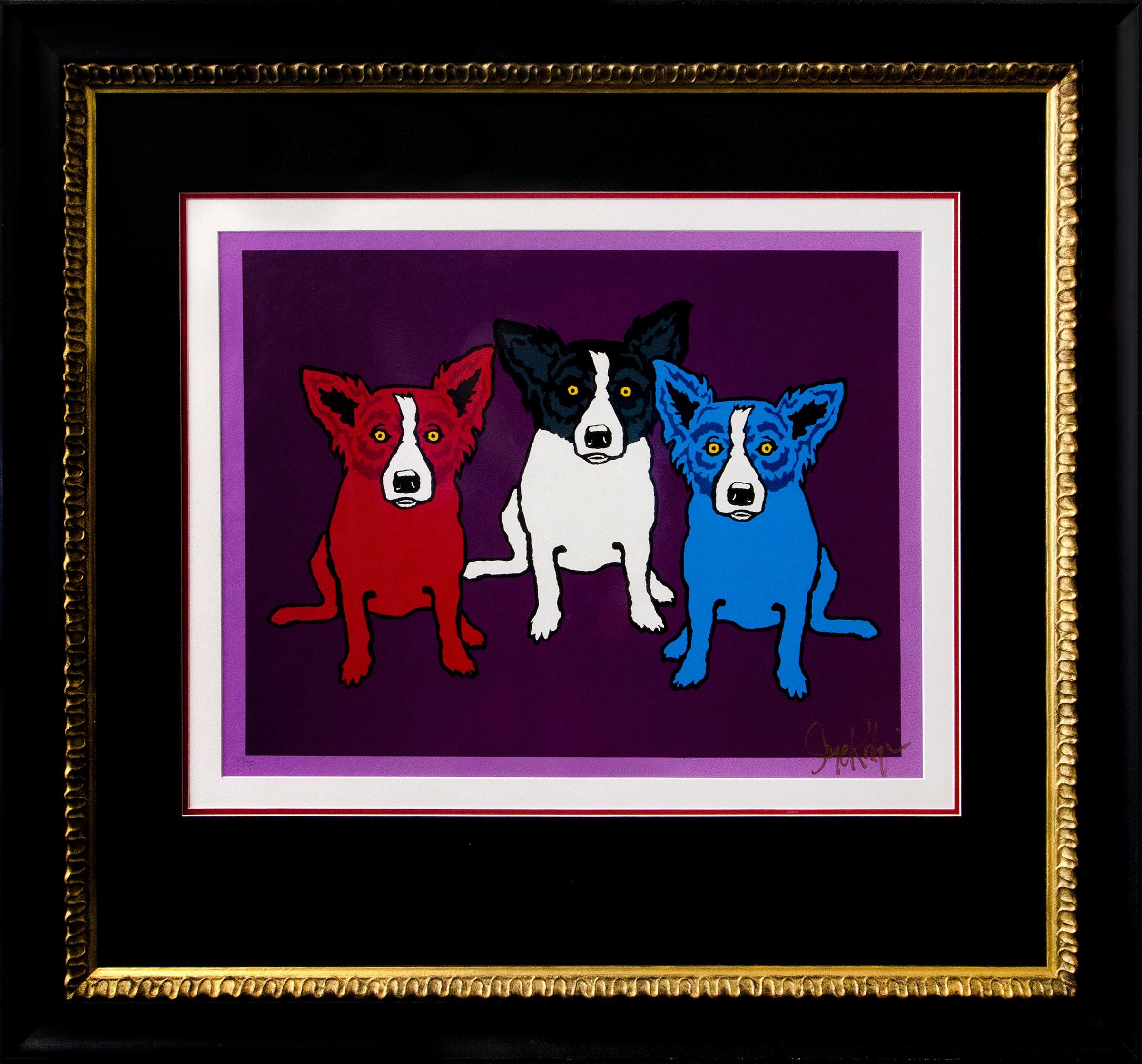 George Rodrigue Still-Life Print - Spilt Personality, Blue Dog Series, 3 Dogs, Red, Blue, Black, White & Purple 