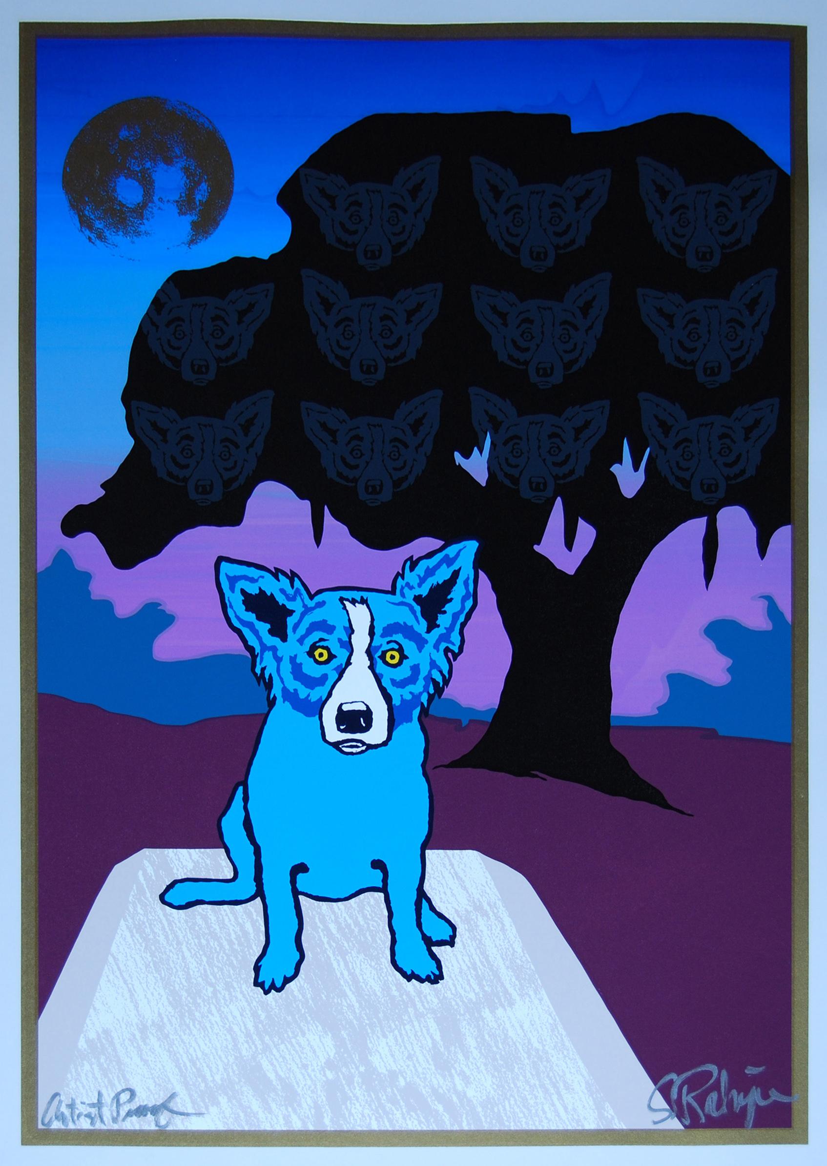 George Rodrigue Animal Print - Spirits In The Trees Split Font Lilac - Signed Silkscreen Blue Dog Print