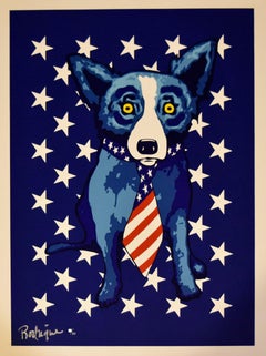 Blue Star Spangled Blue Dog - Signierter blauer Seidendruck-Hut