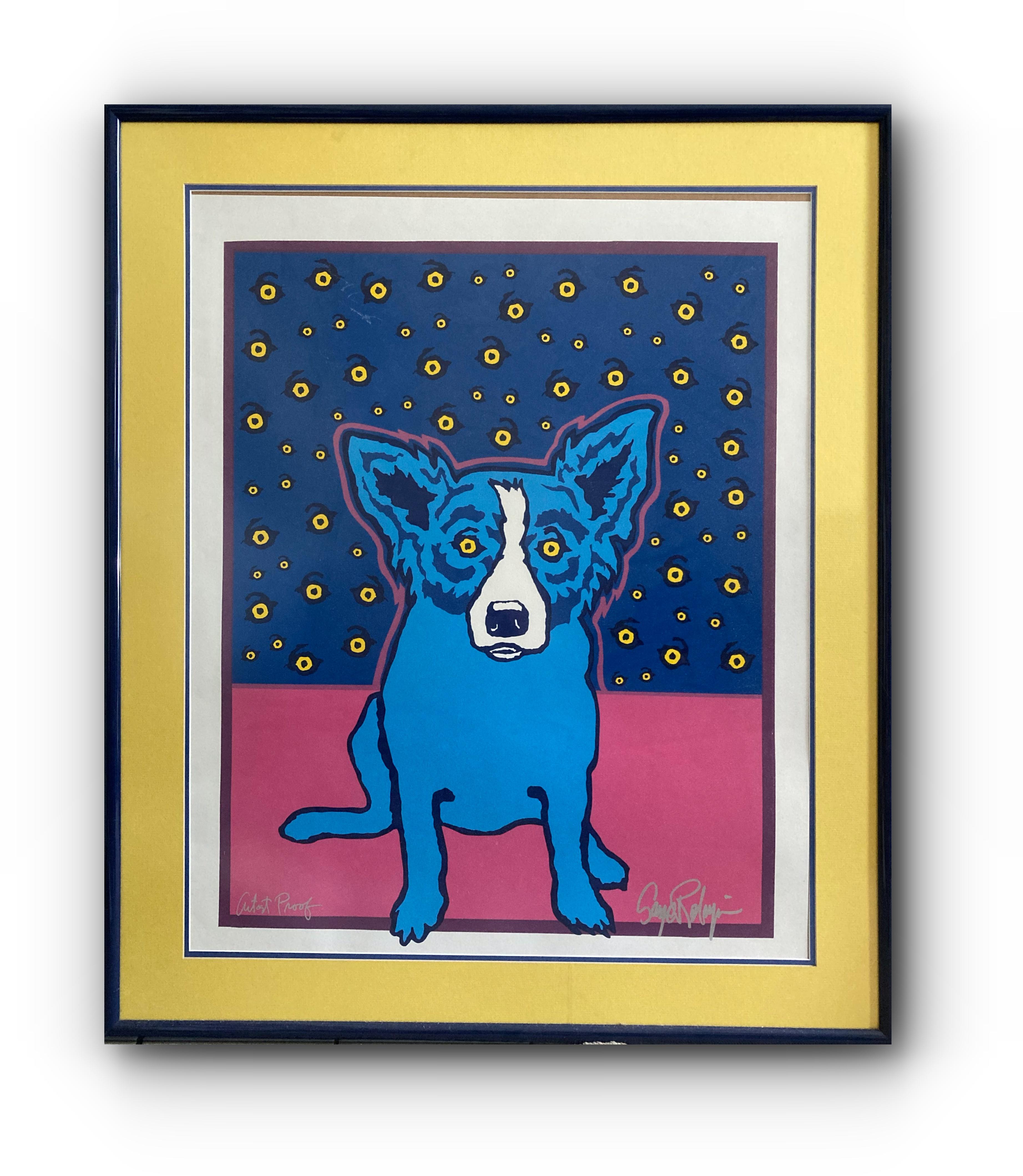 George Rodrigue Animal Print - Starry, Starry Eyes (Blue Dog, Signed Framed Contemporary Silkscreen Print)