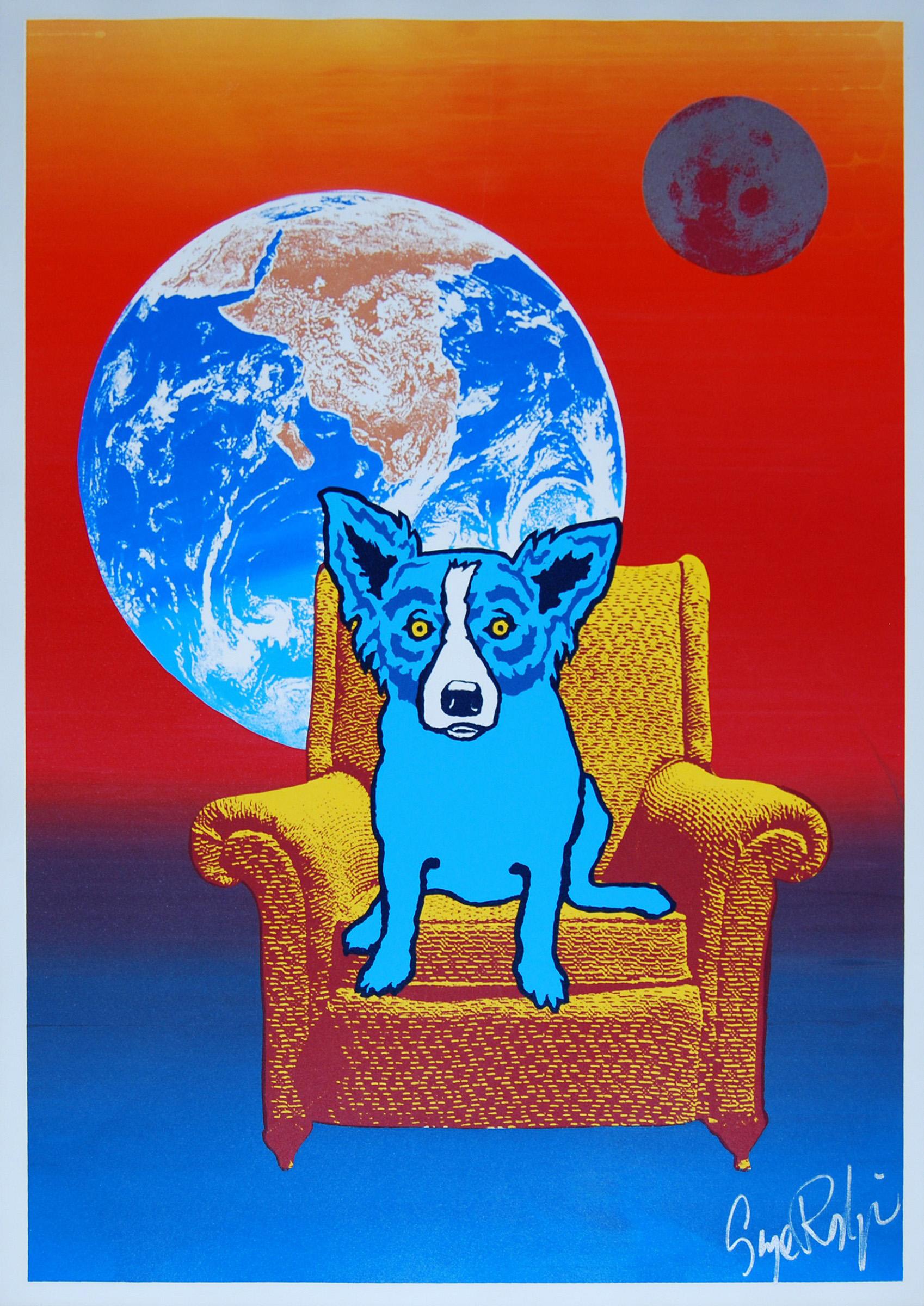 George Rodrigue Animal Print - Strato Lounger Split Font - Signed Silkscreen Blue Dog Print