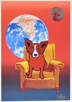 Vintage Strato Lounger Split Font with Red Dog - Signed Silkscreen Print Blue Dog