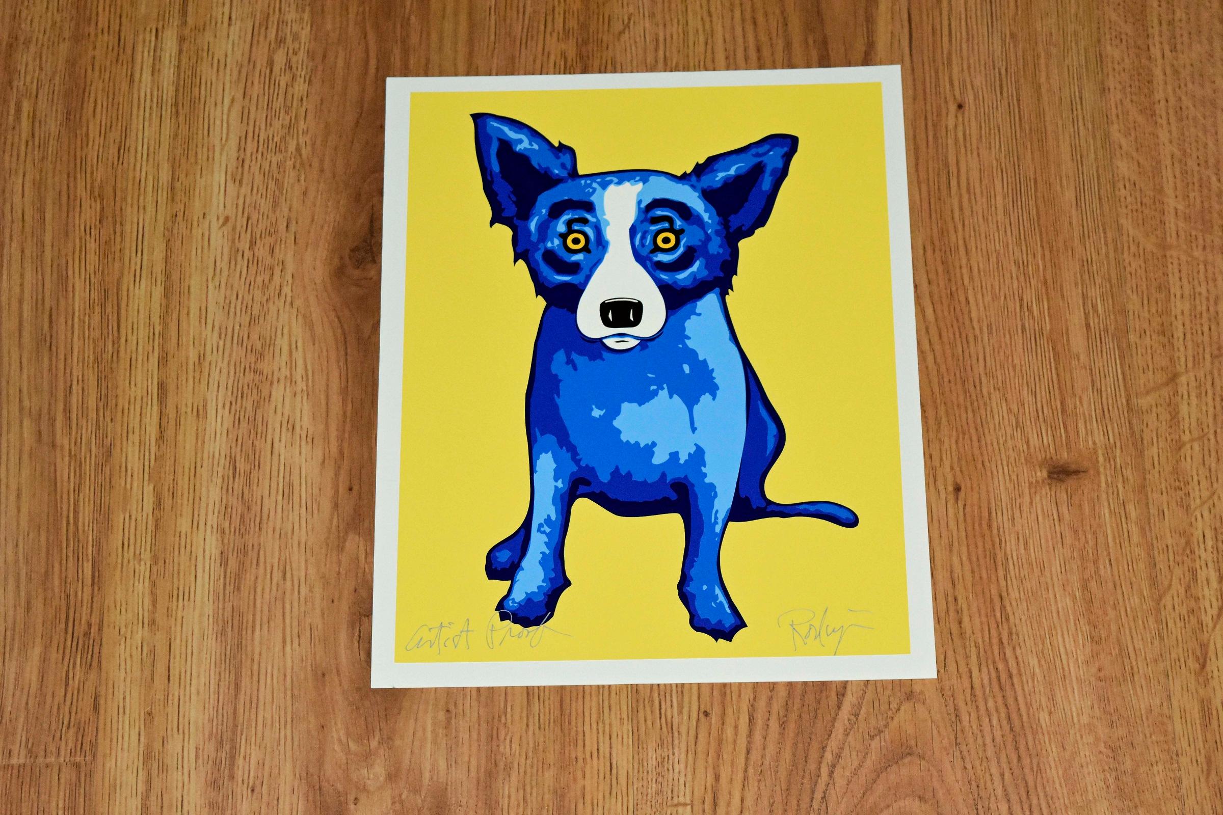 This Blue Dog work consists of a blue dog with soulful eyes on a bright yellow background.  This pop art animal original silkscreen print on paper is guaranteed authentic and is hand signed by the artist.

Artist:  George Rodrigue
Title:  Blue Dog